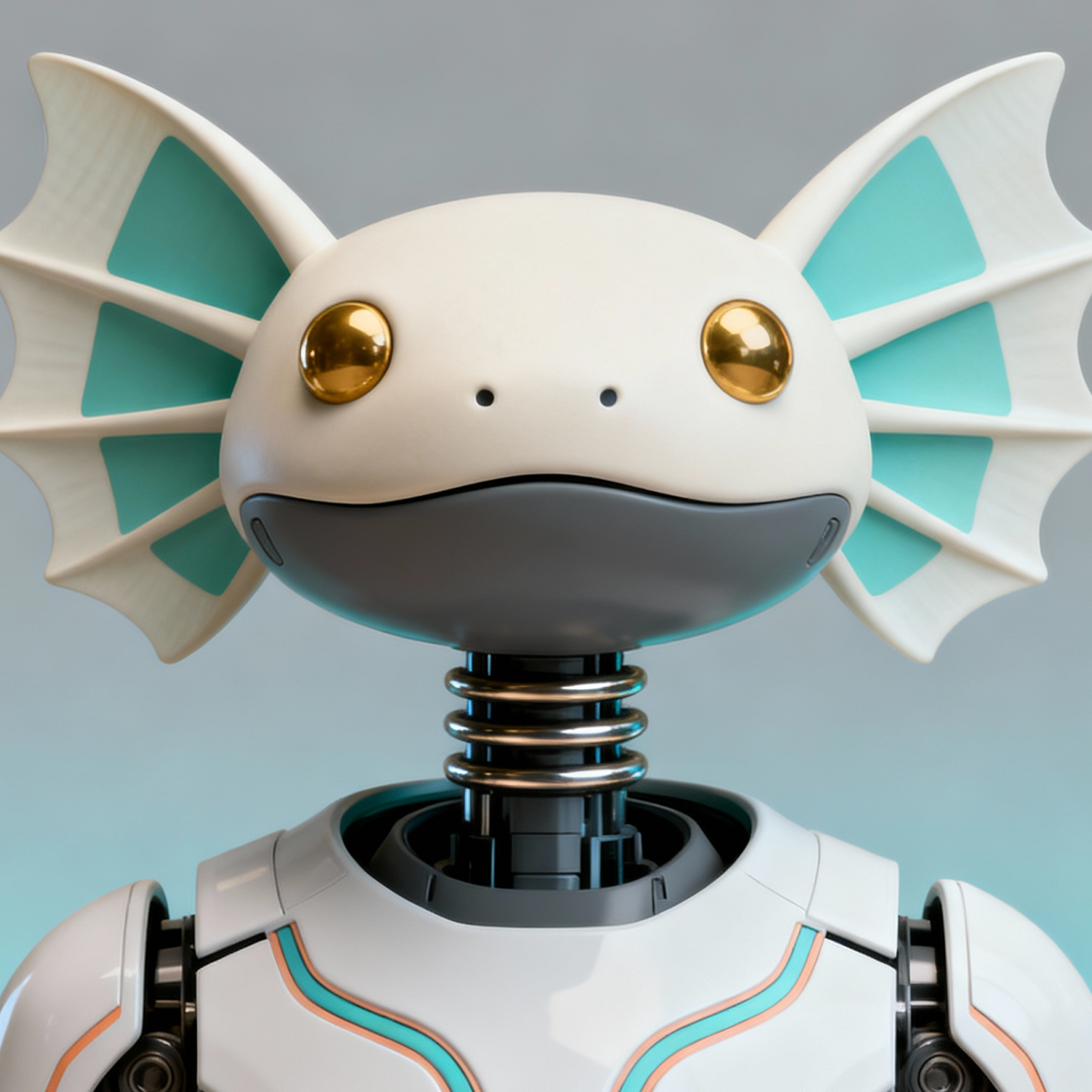 AI-generated portrait of an axolotl-inspired android with rounded head and fin-like side structures, featuring golden eyes and smooth plating, posed facing forward against a cool gradient background in diffused light.