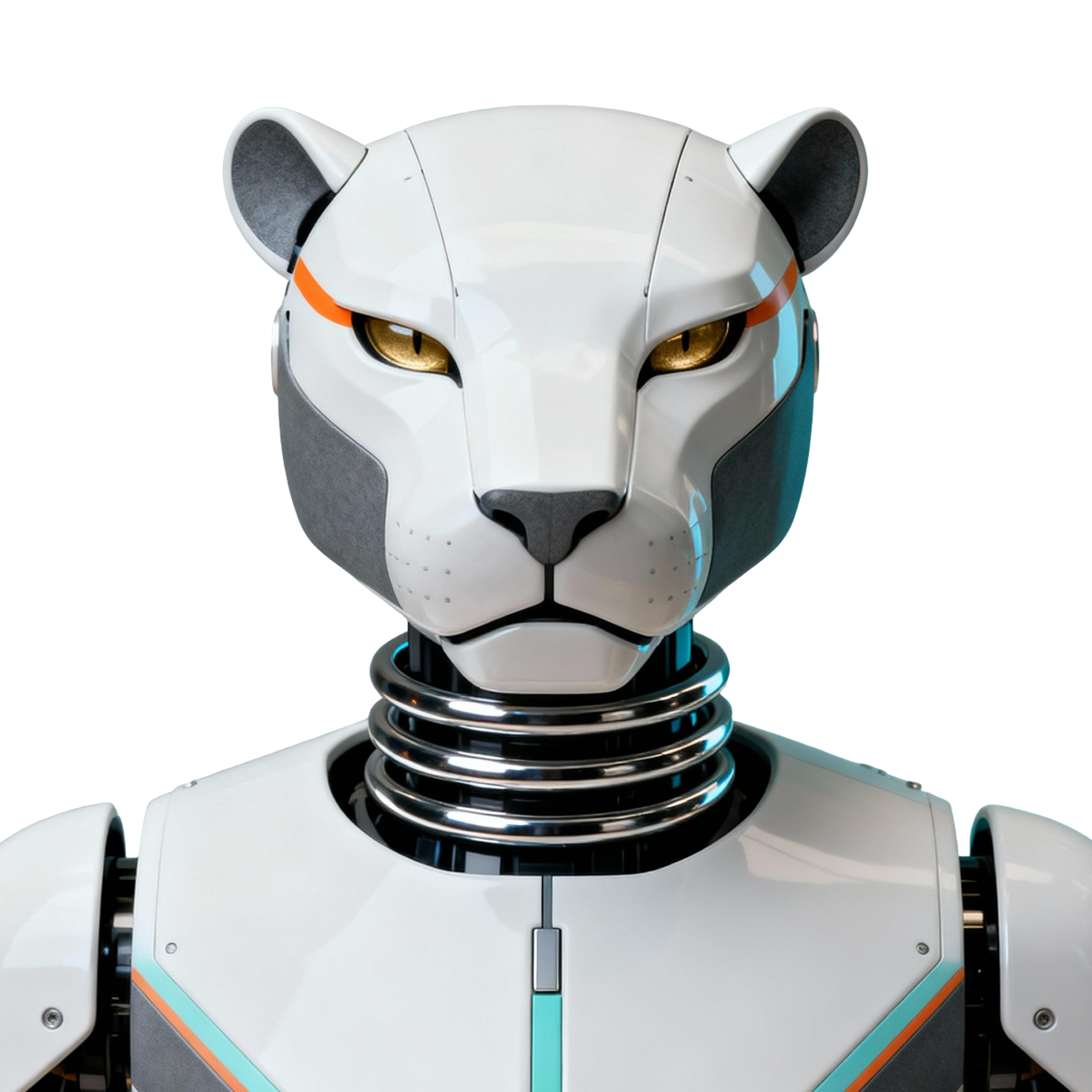 AI-generated portrait of a big-cat-inspired android with angular facial plating and glowing amber eyes, posed facing forward against a transparent background in directional light.
