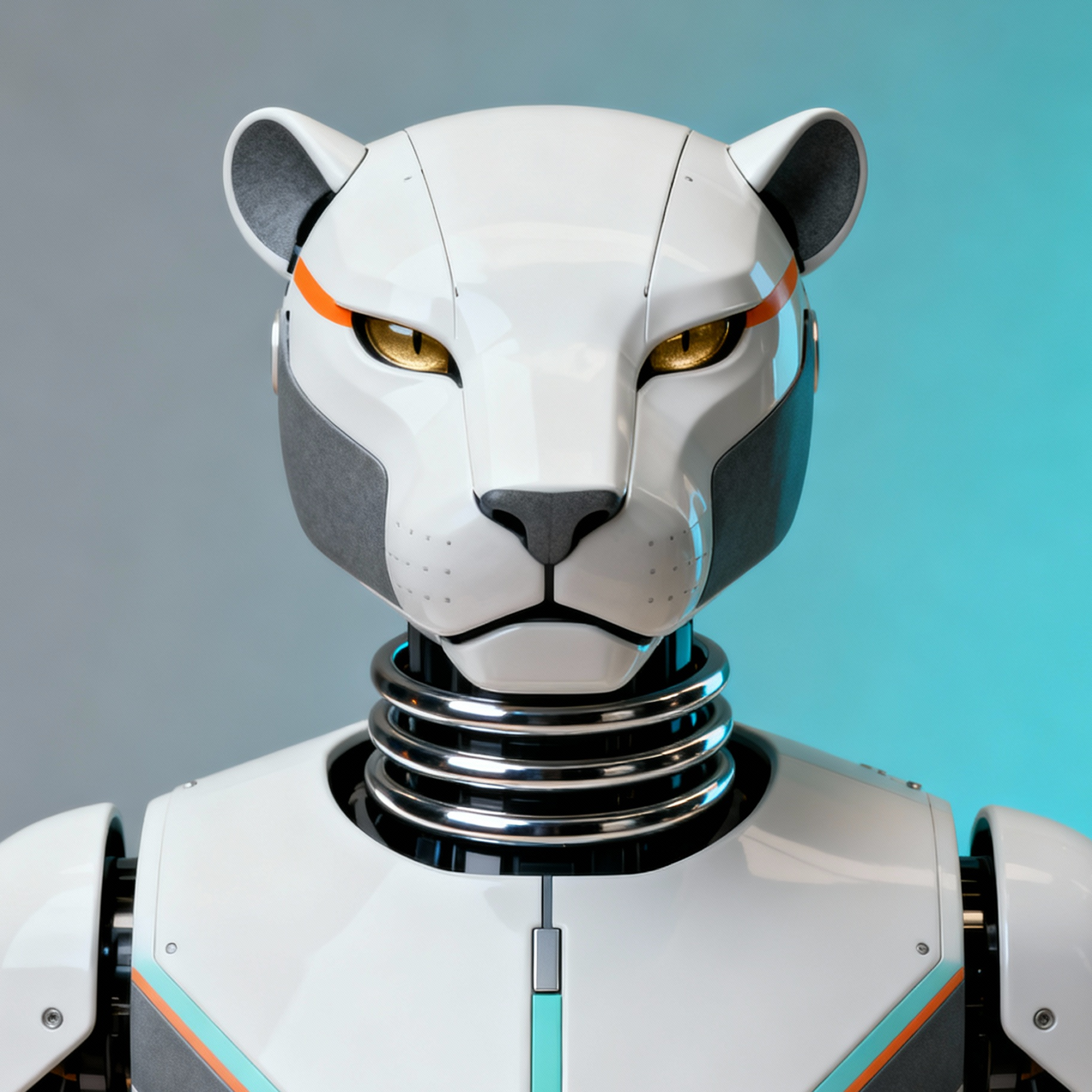 AI-generated portrait of a big-cat-inspired android with angular facial plating and glowing amber eyes, posed facing forward against a teal gradient background in directional light.