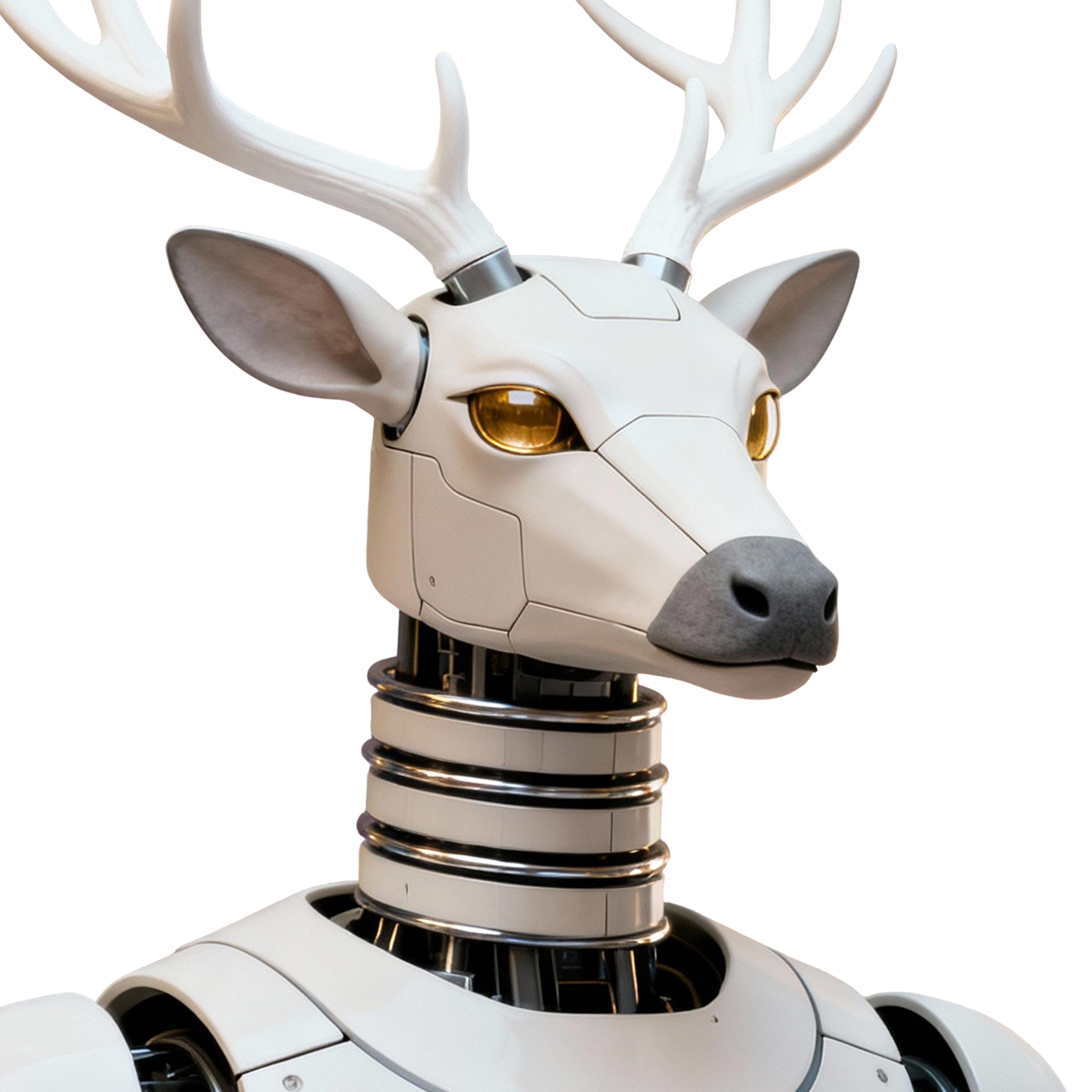 AI-generated portrait of a deer-inspired android with branching antlers and glowing eyes, posed in three-quarter view against a transparent background in diffused light.