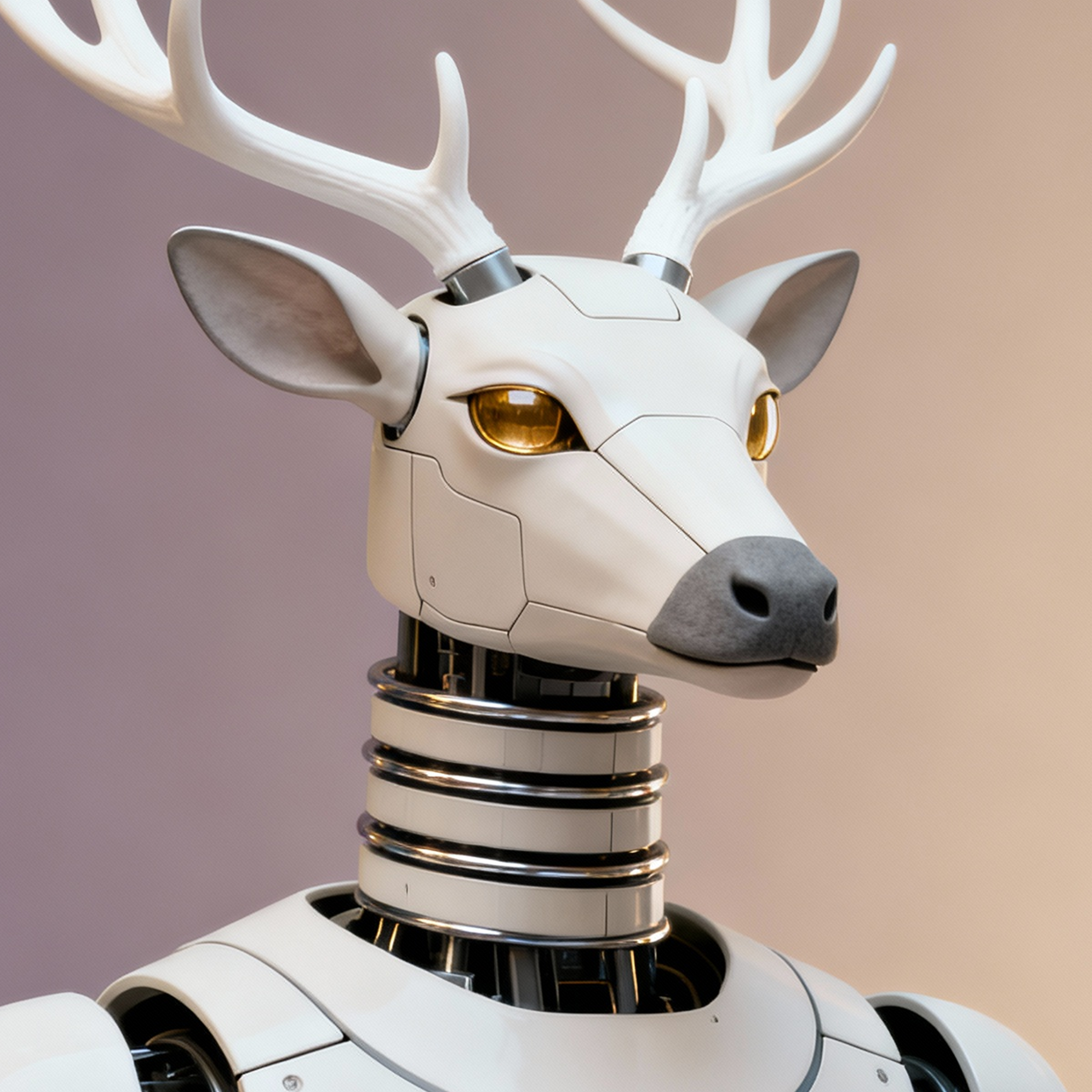 AI-generated portrait of a deer-inspired android with branching antlers and glowing eyes, posed in three-quarter view against a warm gradient background in diffused light.