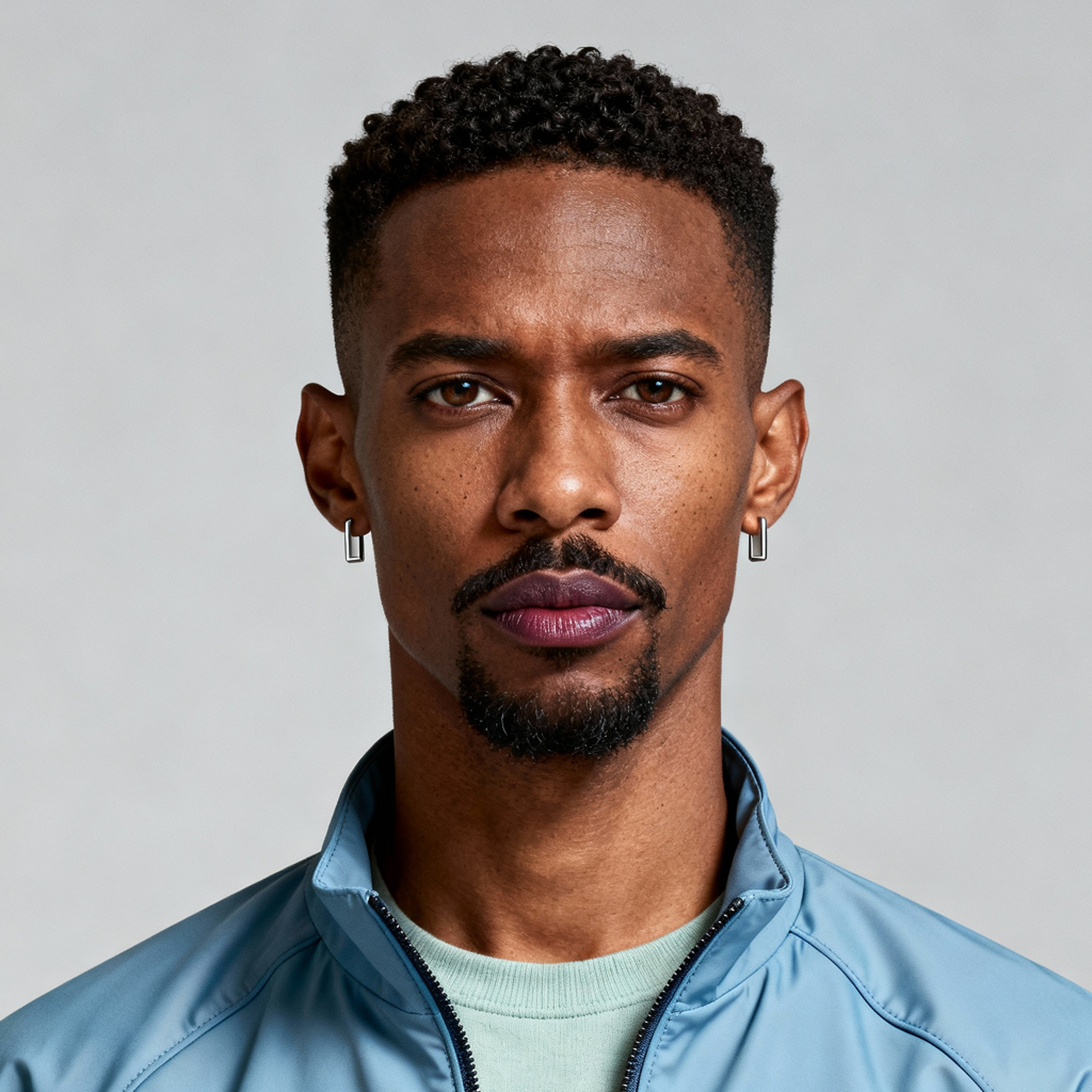 AI-generated portrait of a young man with short cropped hair and a trimmed mustache, wearing a sleek zip-up jacket and earrings, posed with a neutral expression against a light gray background in cool diffused lighting.