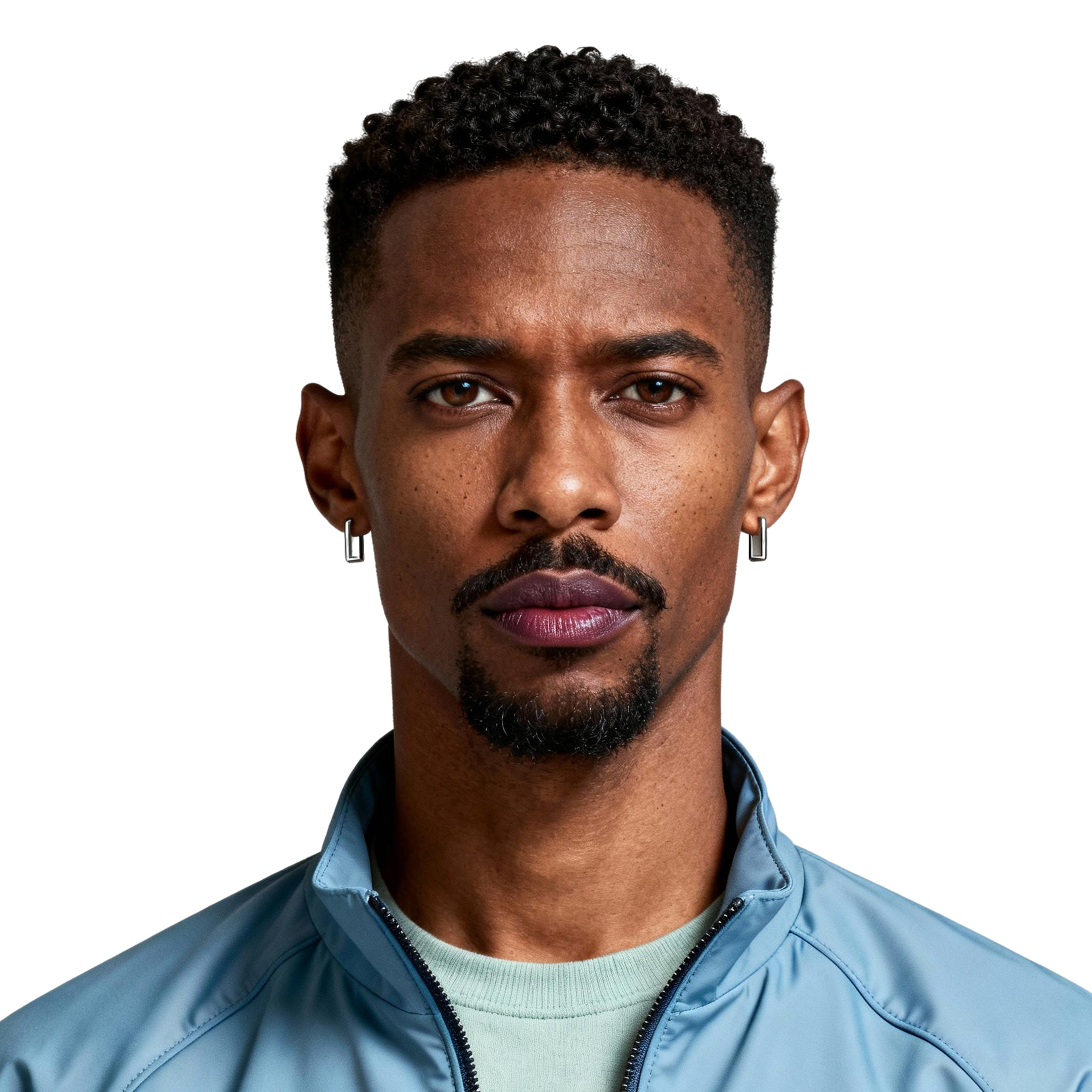 AI-generated portrait of a young man with short cropped hair and a trimmed mustache, wearing a sleek zip-up jacket and earrings, posed with a neutral expression against a transparent background in cool diffused lighting.