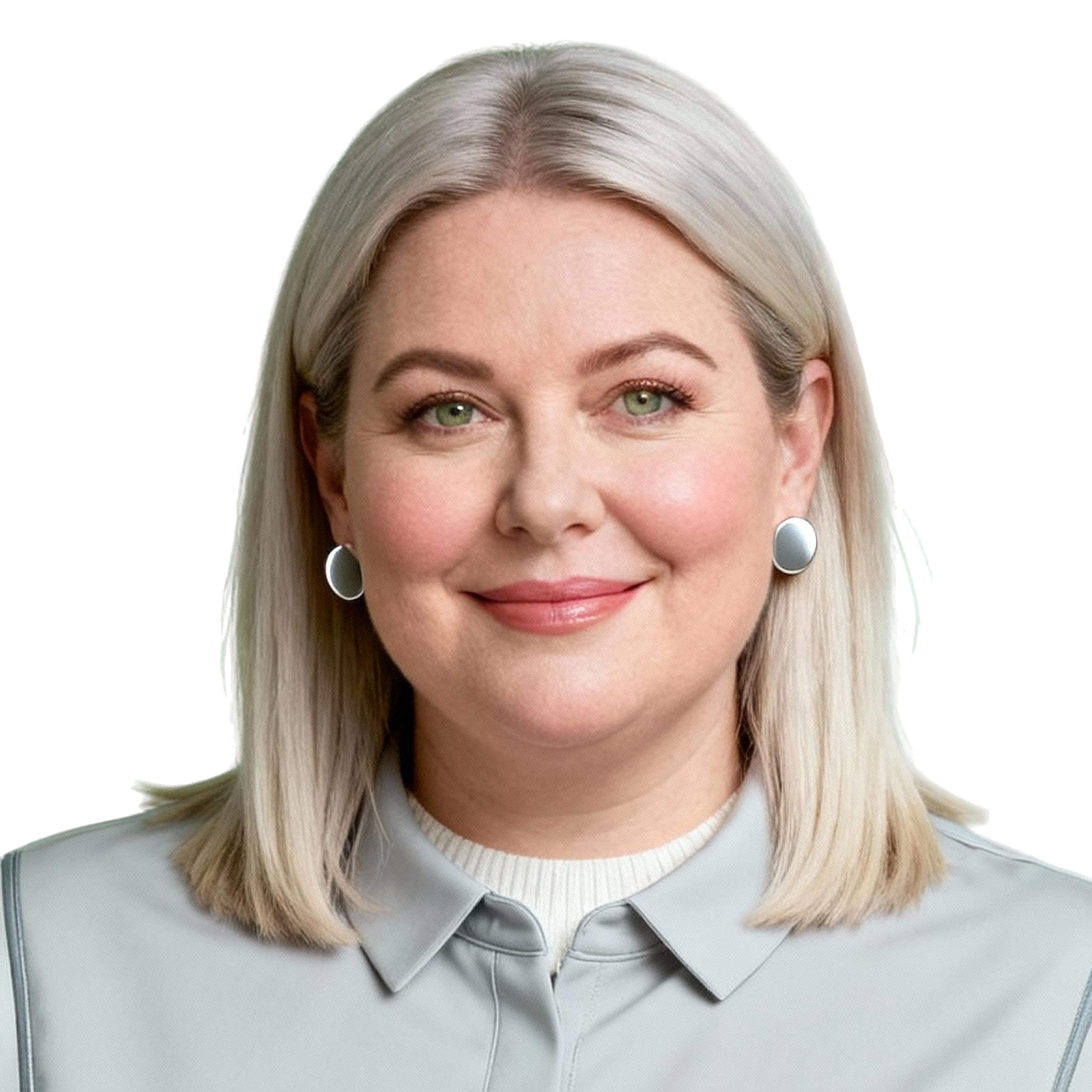 AI-generated portrait of a middle-aged woman with straight shoulder-length hair and stud earrings, wearing a structured button-up top, posed with a subtle smile against a transparent background in cool diffused lighting.