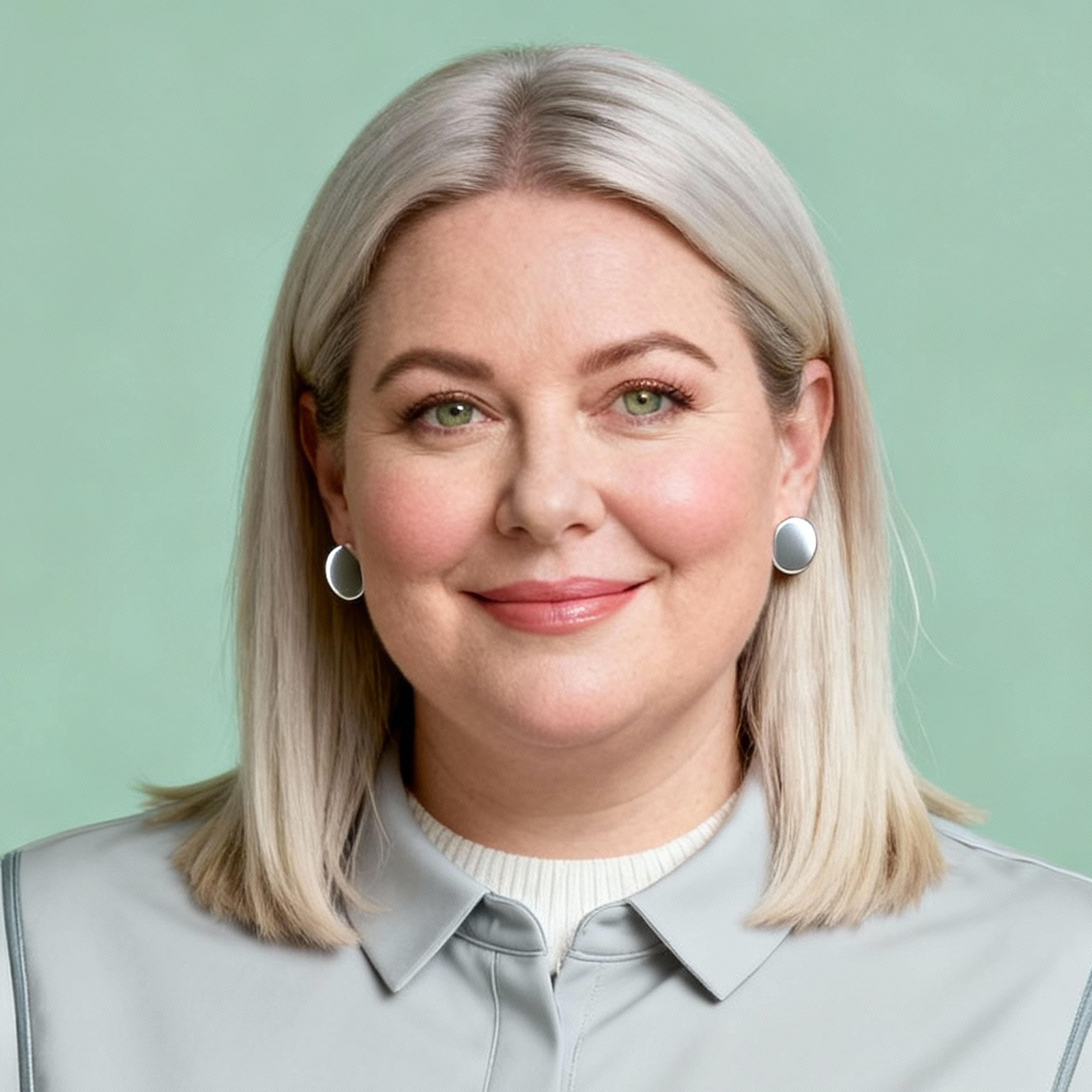 AI-generated portrait of a middle-aged woman with straight shoulder-length hair and stud earrings, wearing a structured button-up top, posed with a subtle smile against a pale green background in cool diffused lighting.