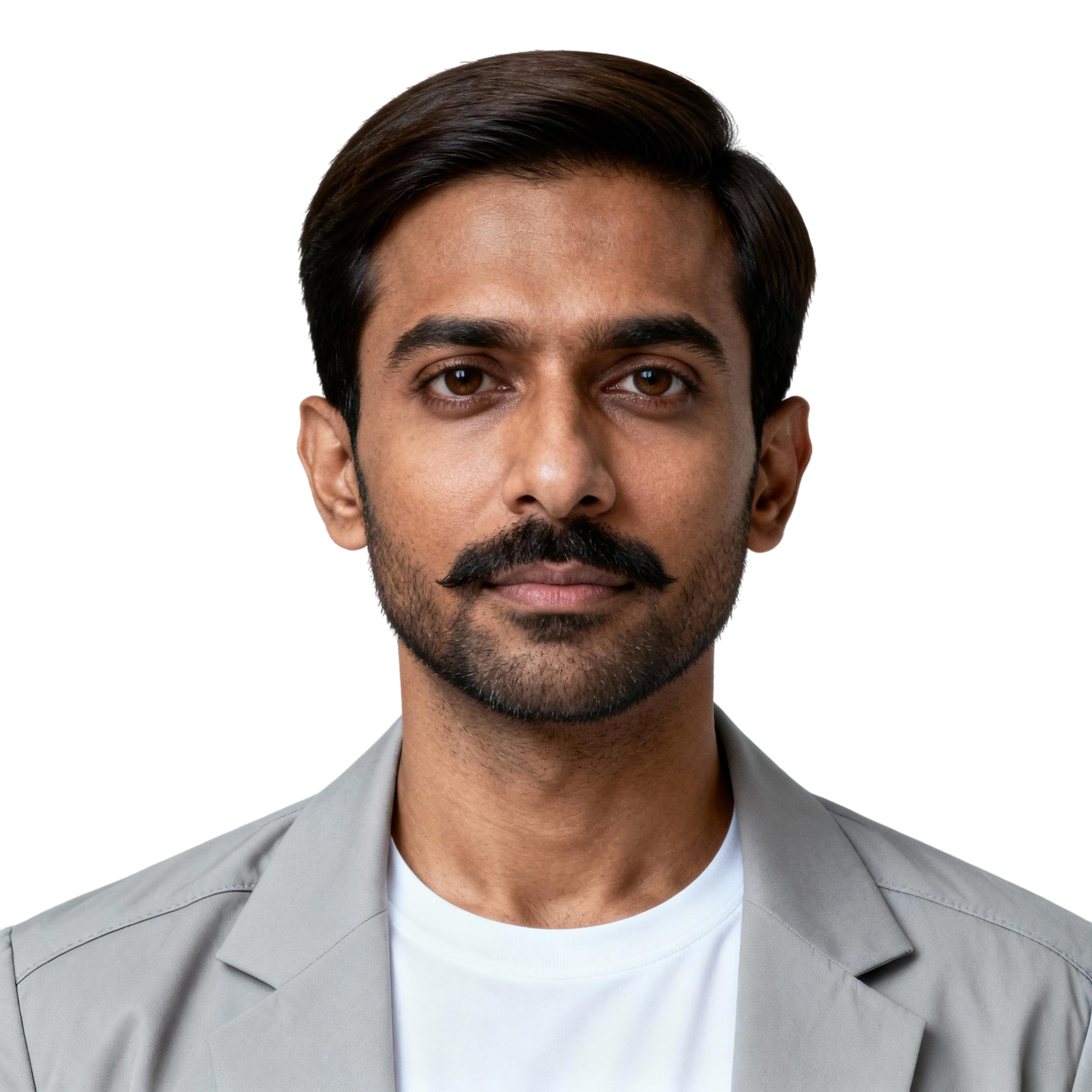 AI-generated portrait of a young man with neatly styled hair and a trimmed beard, wearing a blazer over a plain shirt, posed with a neutral expression against a transparent background in soft cool lighting.