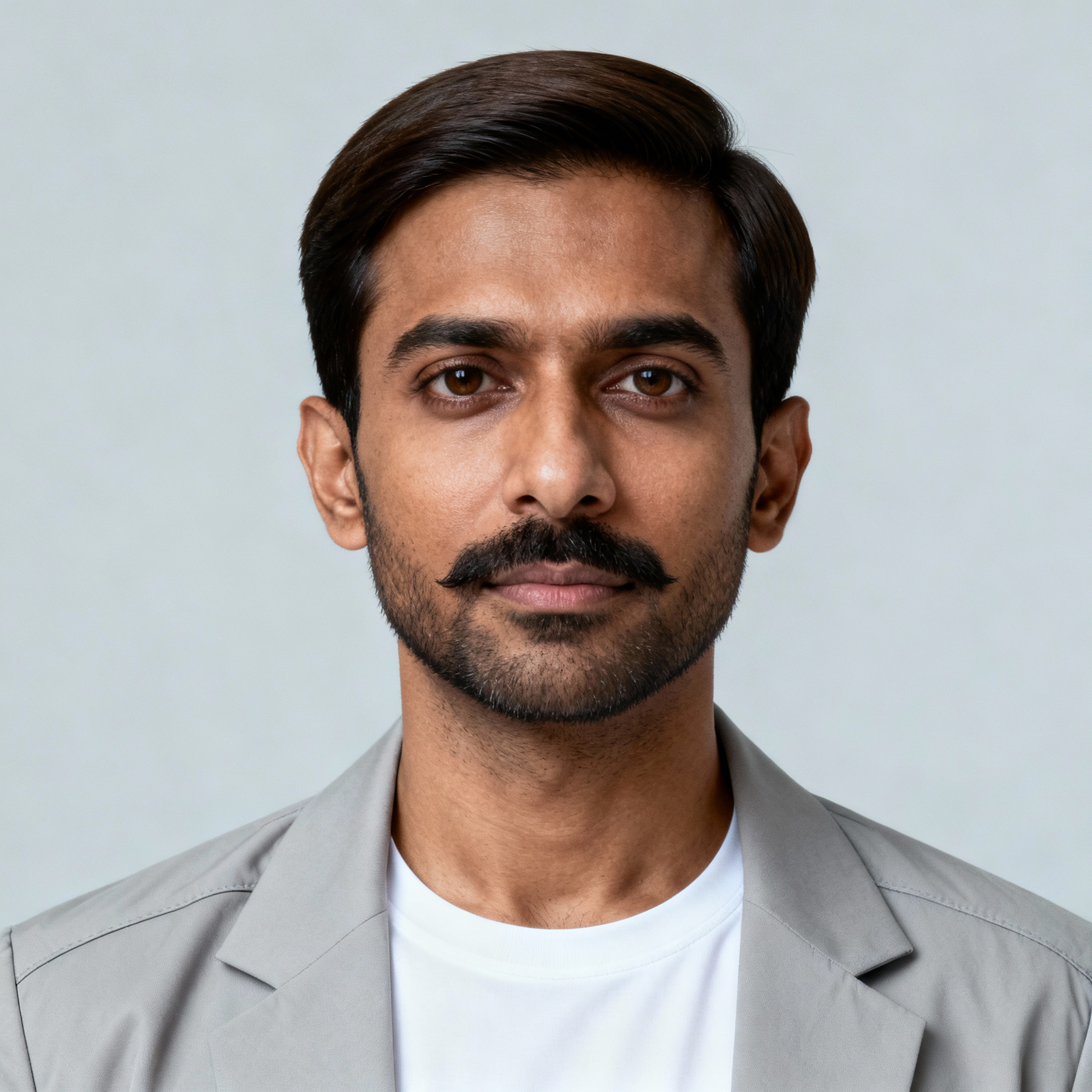 AI-generated portrait of a young man with neatly styled hair and a trimmed beard, wearing a blazer over a plain shirt, posed with a neutral expression against a light gray background in soft cool lighting.