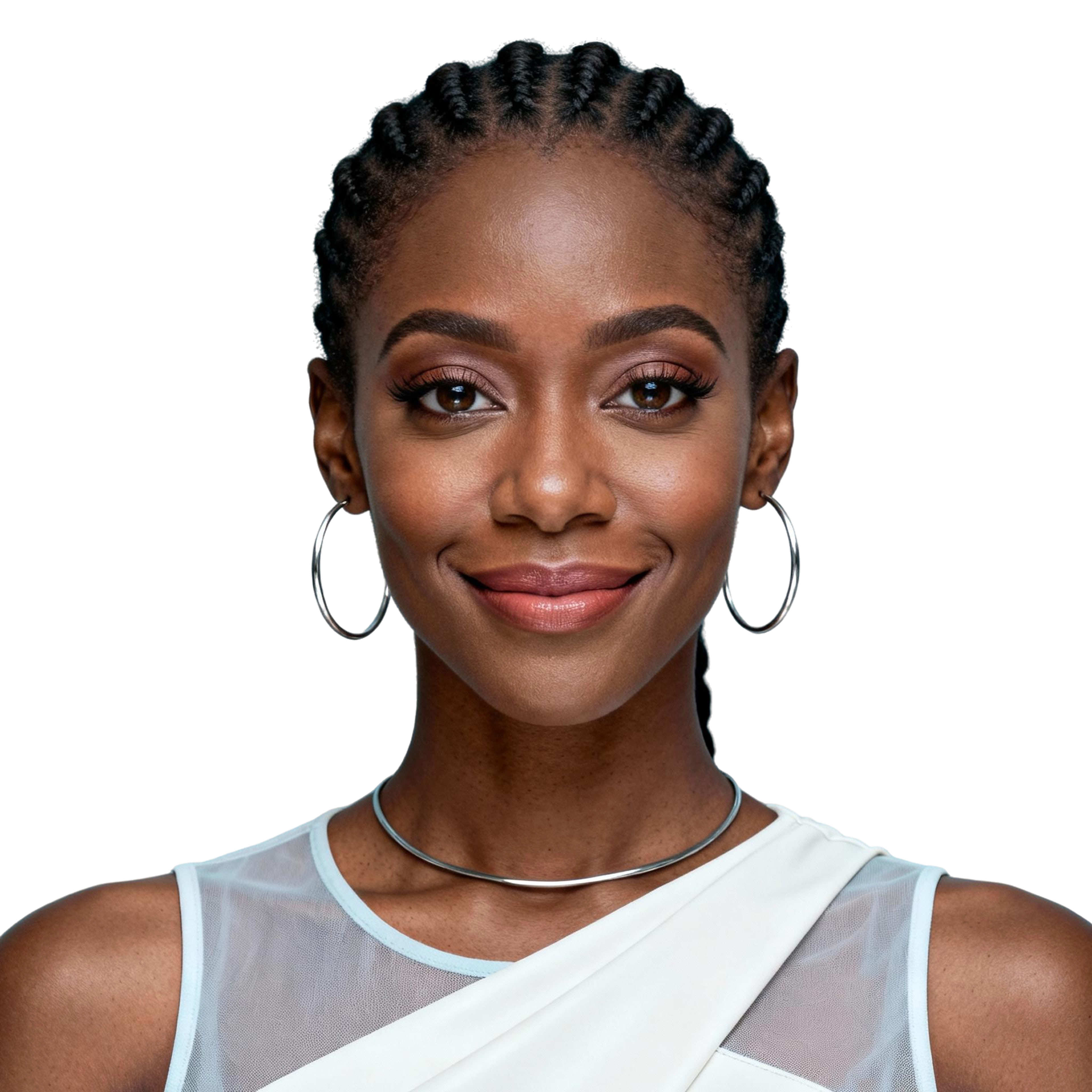 AI-generated portrait of a young woman with braided hair pulled back and hoop earrings, wearing a sleeveless structured top, posed with a calm expression against a transparent background in even cool lighting.