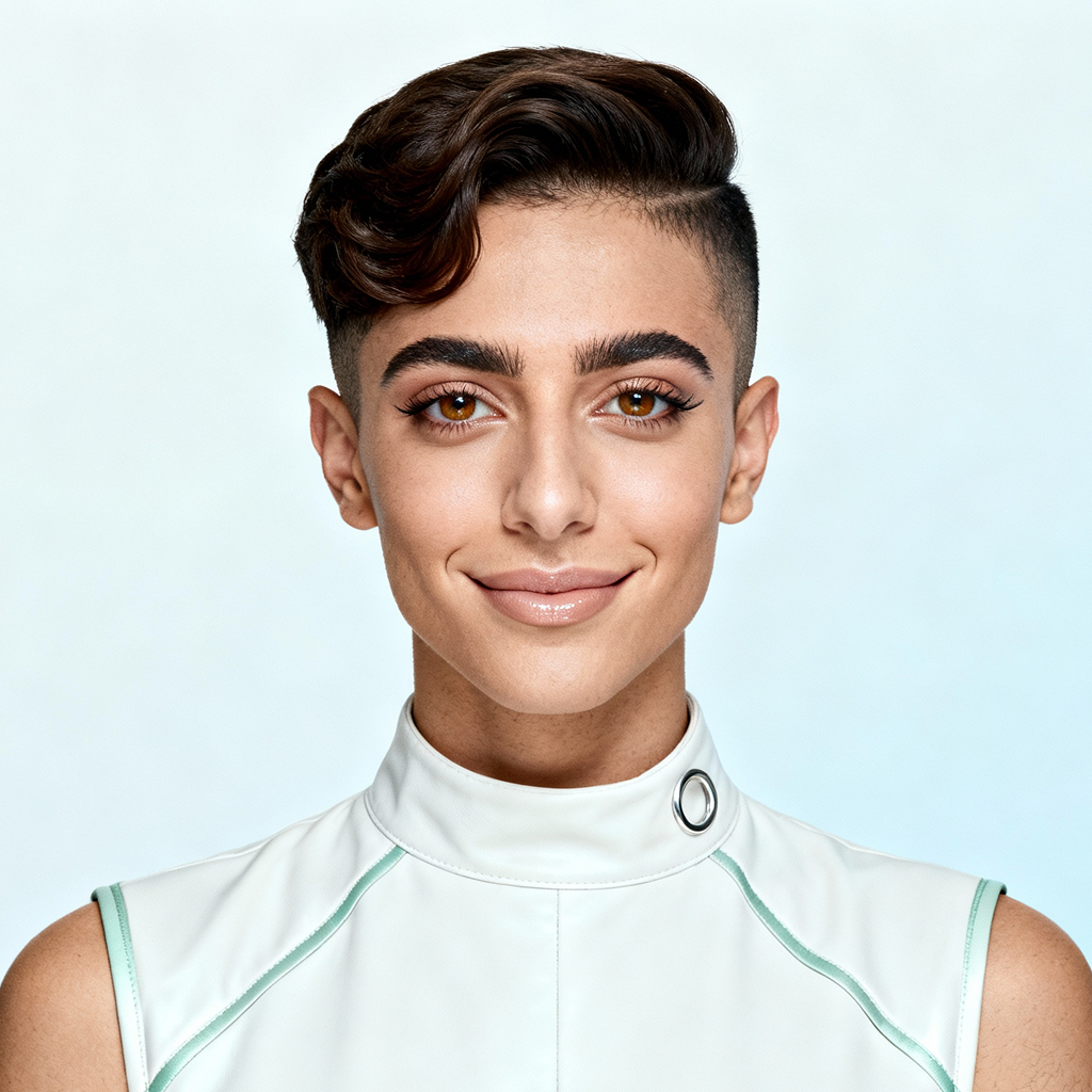 AI-generated portrait of a young woman with short sculpted hair and defined brows, wearing a high-collar sleeveless top, posed with a neutral expression against a pale blue background in cool diffused lighting.
