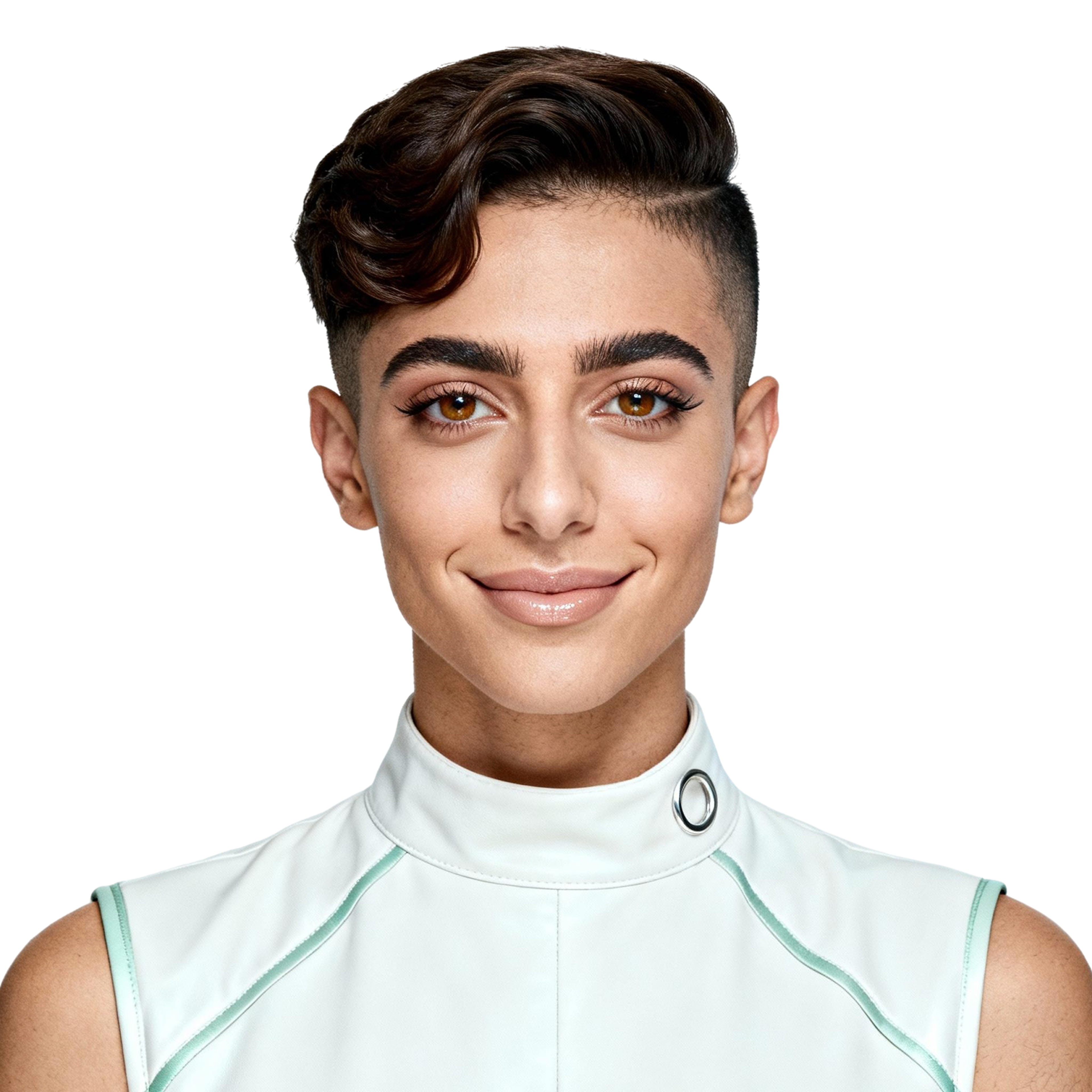 AI-generated portrait of a young woman with short sculpted hair and defined brows, wearing a high-collar sleeveless top, posed with a neutral expression against a transparent background in cool diffused lighting.