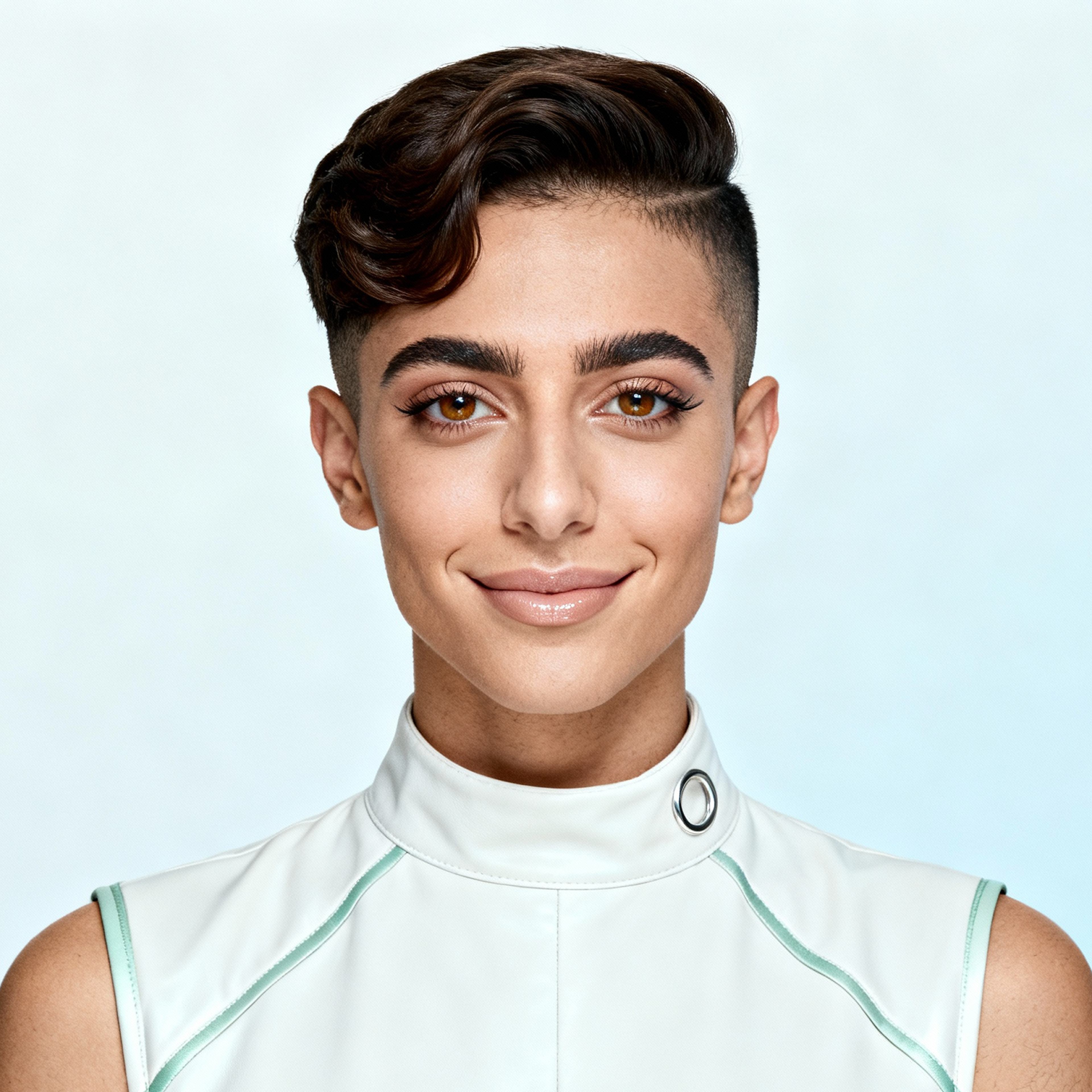 AI-generated portrait of a young woman with short sculpted hair and defined brows, wearing a high-collar sleeveless top, posed with a neutral expression against a pale blue background in cool diffused lighting.