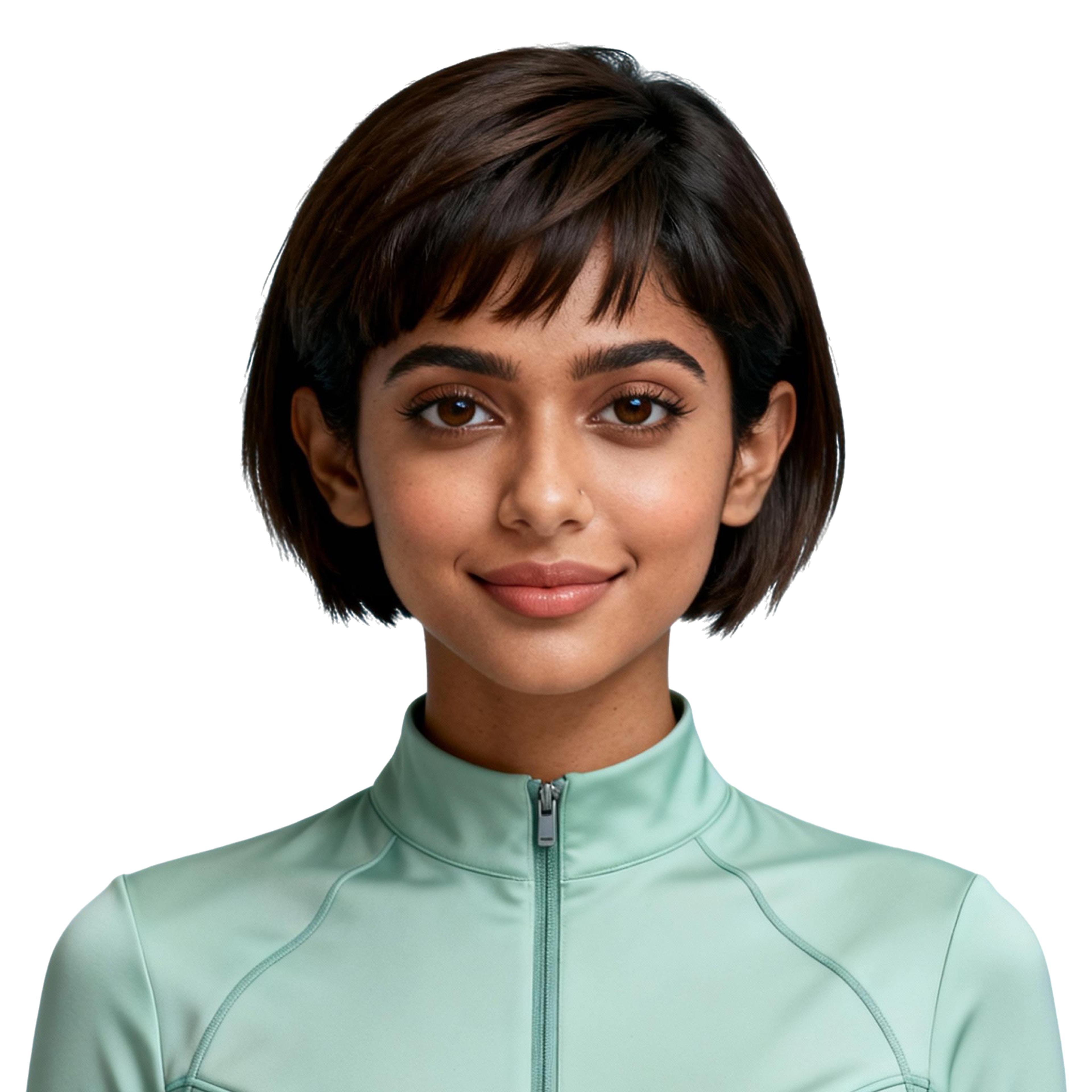 AI-generated portrait of a young woman with a short bob haircut and soft features, wearing a zip-front high-collar top, posed with a calm expression against a transparent background in even cool lighting.