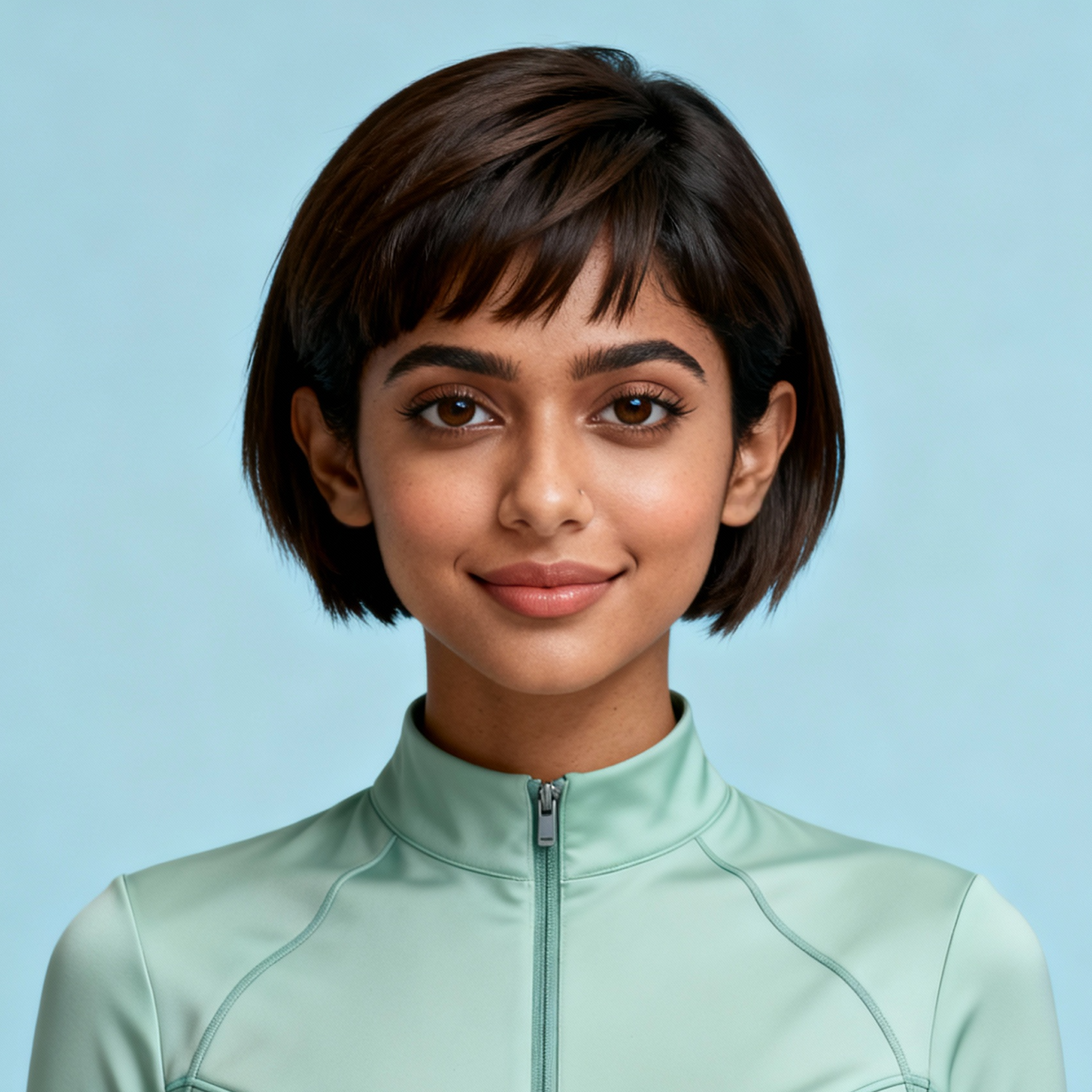 AI-generated portrait of a young woman with a short bob haircut and soft features, wearing a zip-front high-collar top, posed with a calm expression against a light blue background in even cool lighting.