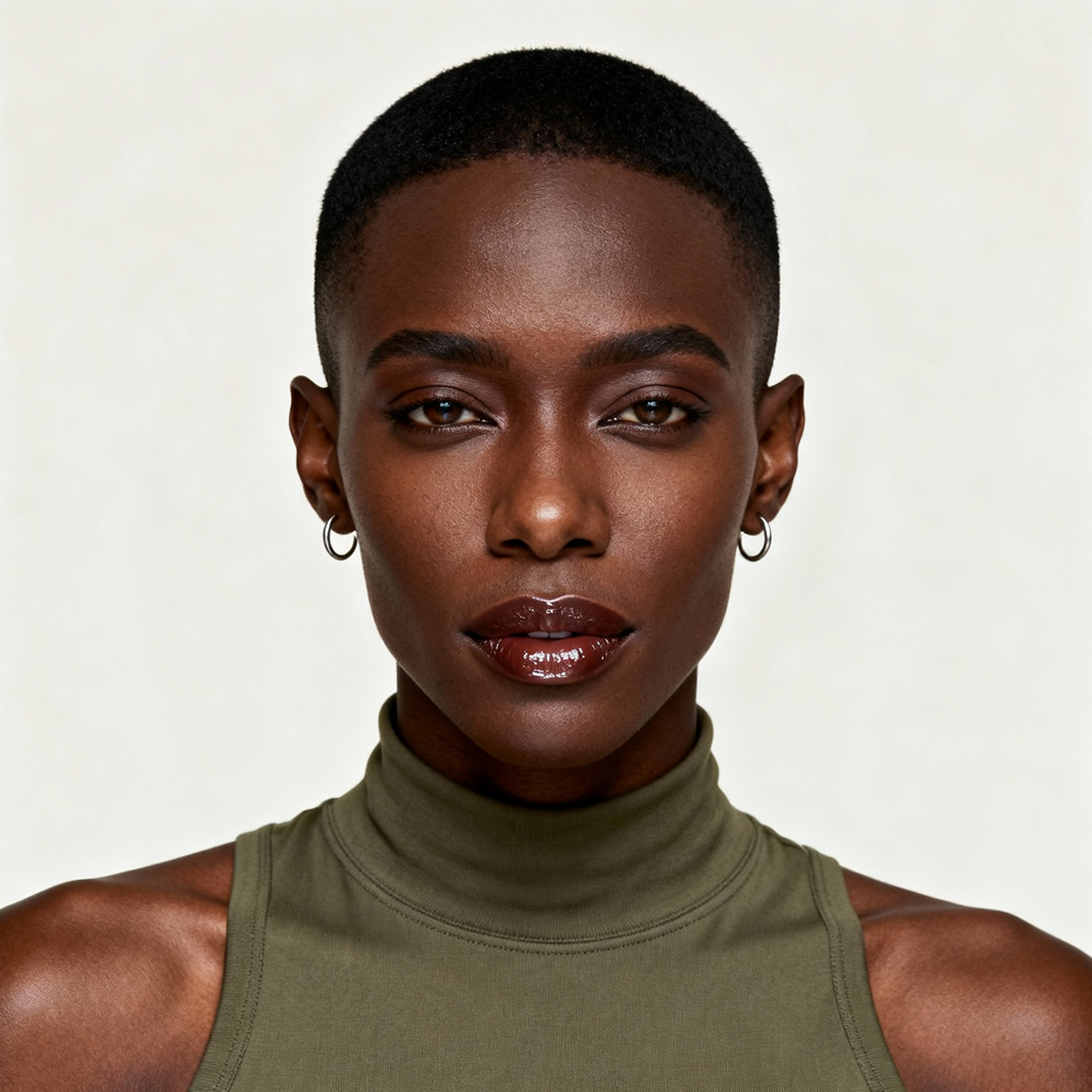 AI-generated portrait of a young woman with a shaved head and defined cheekbones, wearing a sleeveless high-neck top, posed with a neutral expression against an off-white background in soft cool lighting.