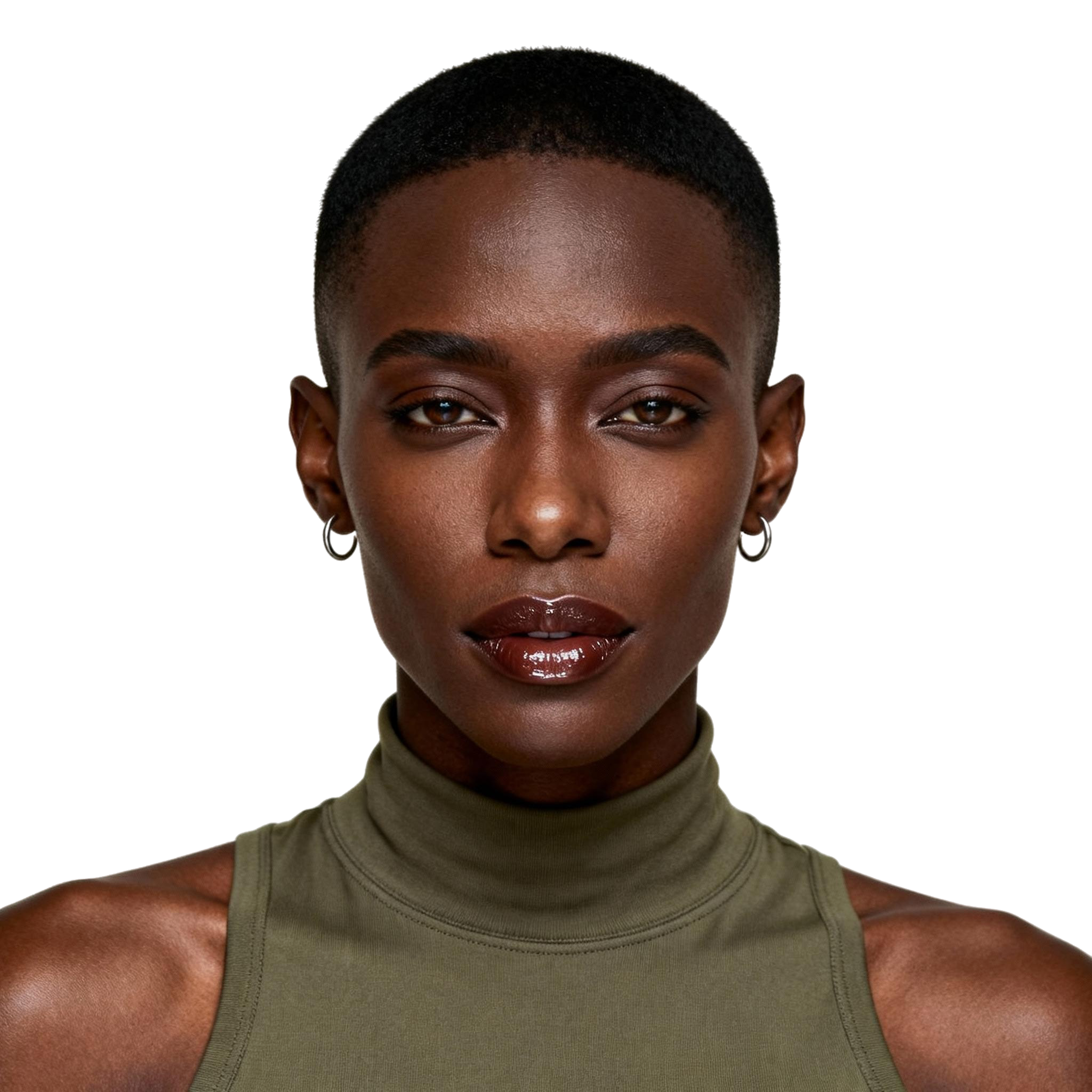 AI-generated portrait of a young woman with a shaved head and defined cheekbones, wearing a sleeveless high-neck top, posed with a neutral expression against a transparent background in soft cool lighting.