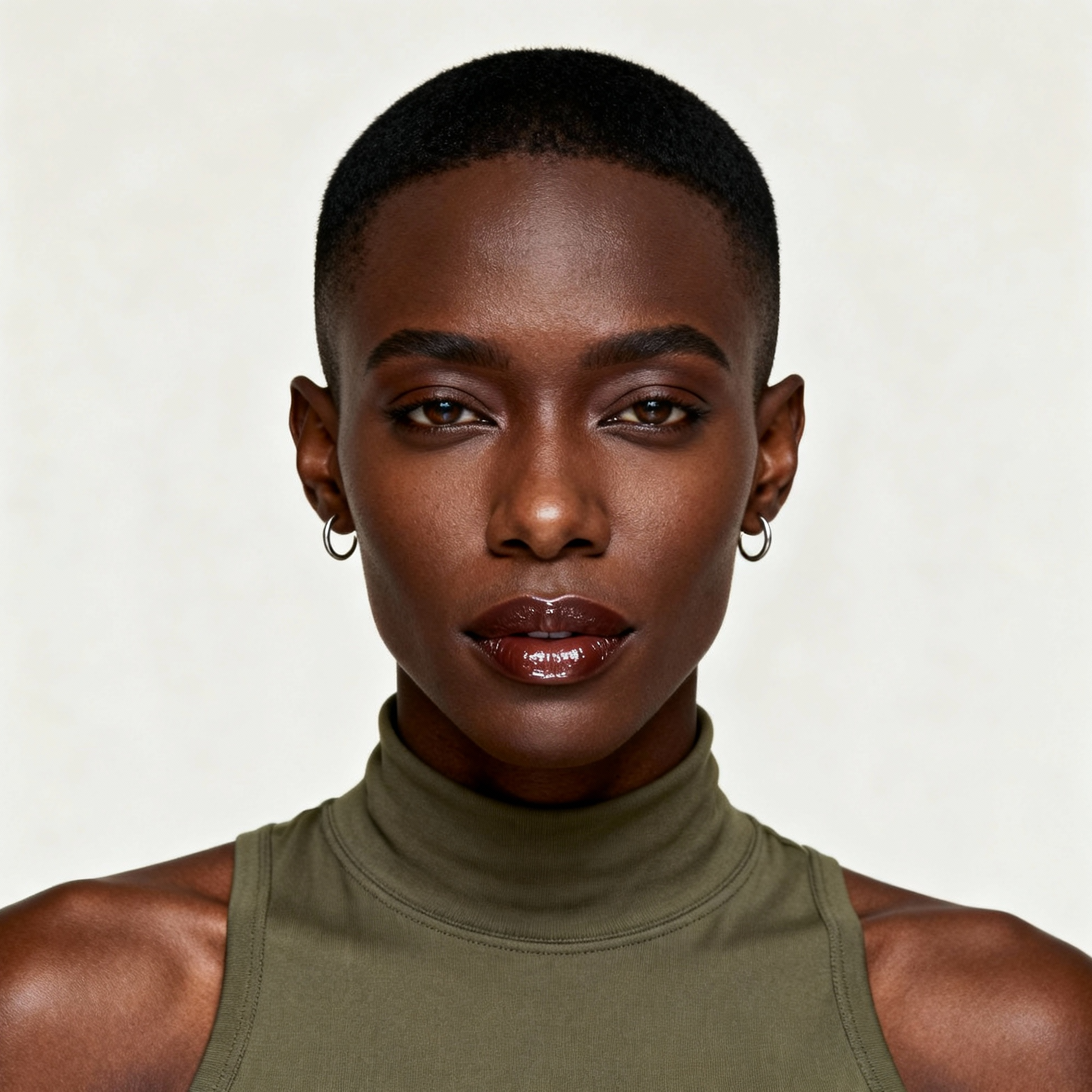 AI-generated portrait of a young woman with a shaved head and defined cheekbones, wearing a sleeveless high-neck top, posed with a neutral expression against an off-white background in soft cool lighting.