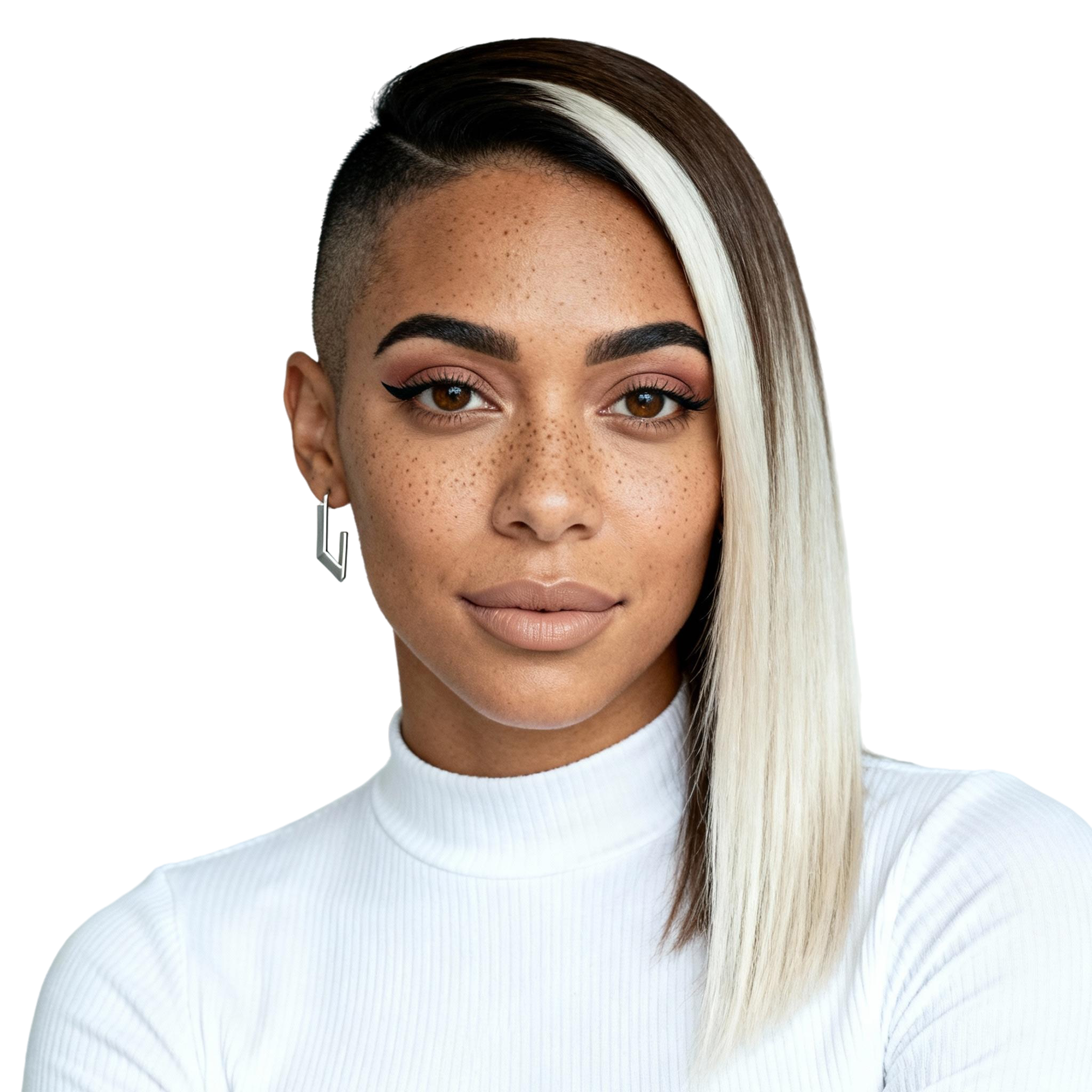 AI-generated portrait of a young woman with an asymmetrical short haircut and defined brows, wearing a ribbed high-neck top, posed with a neutral expression against a transparent background in cool diffused lighting.