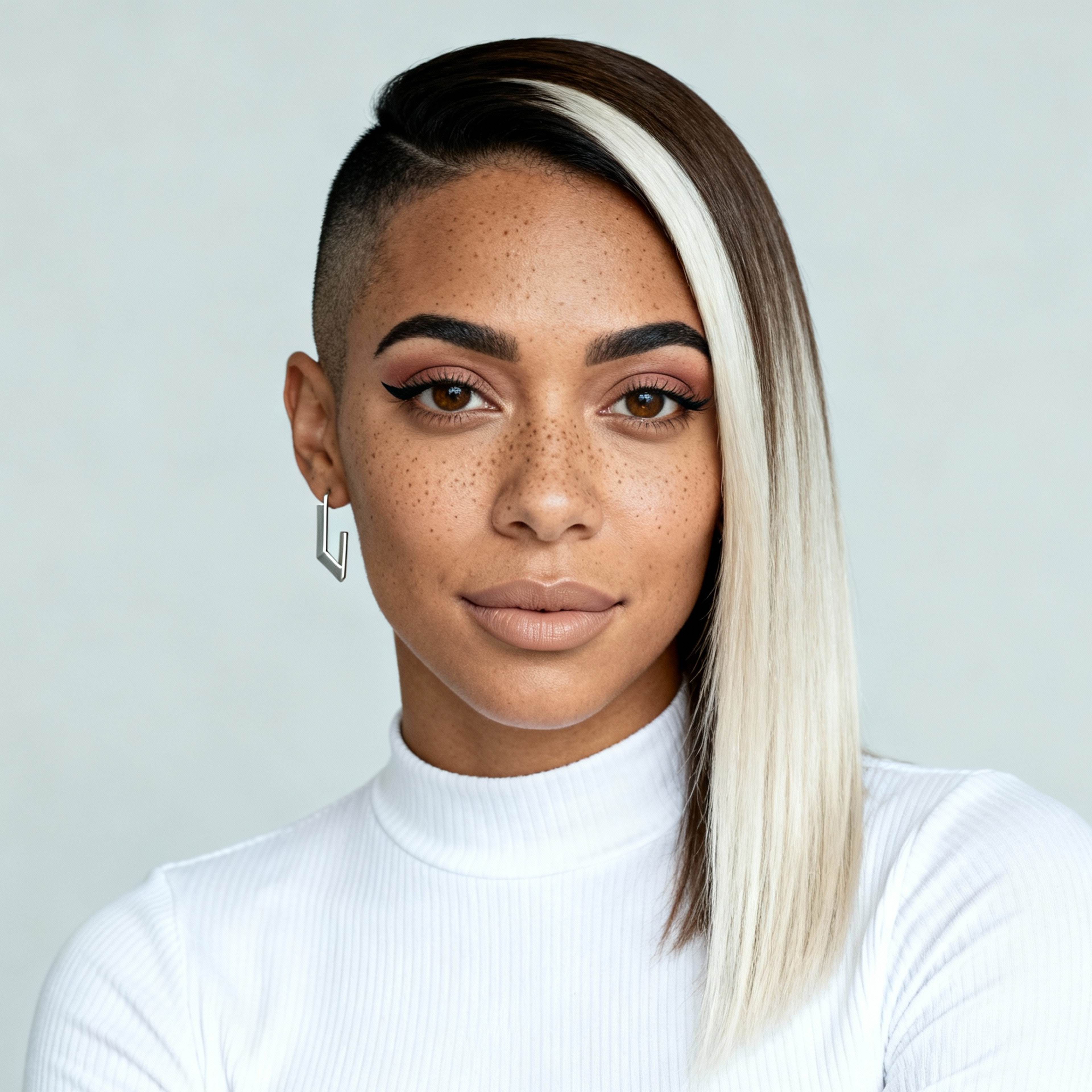 AI-generated portrait of a young woman with an asymmetrical short haircut and defined brows, wearing a ribbed high-neck top, posed with a neutral expression against a light gray background in cool diffused lighting.