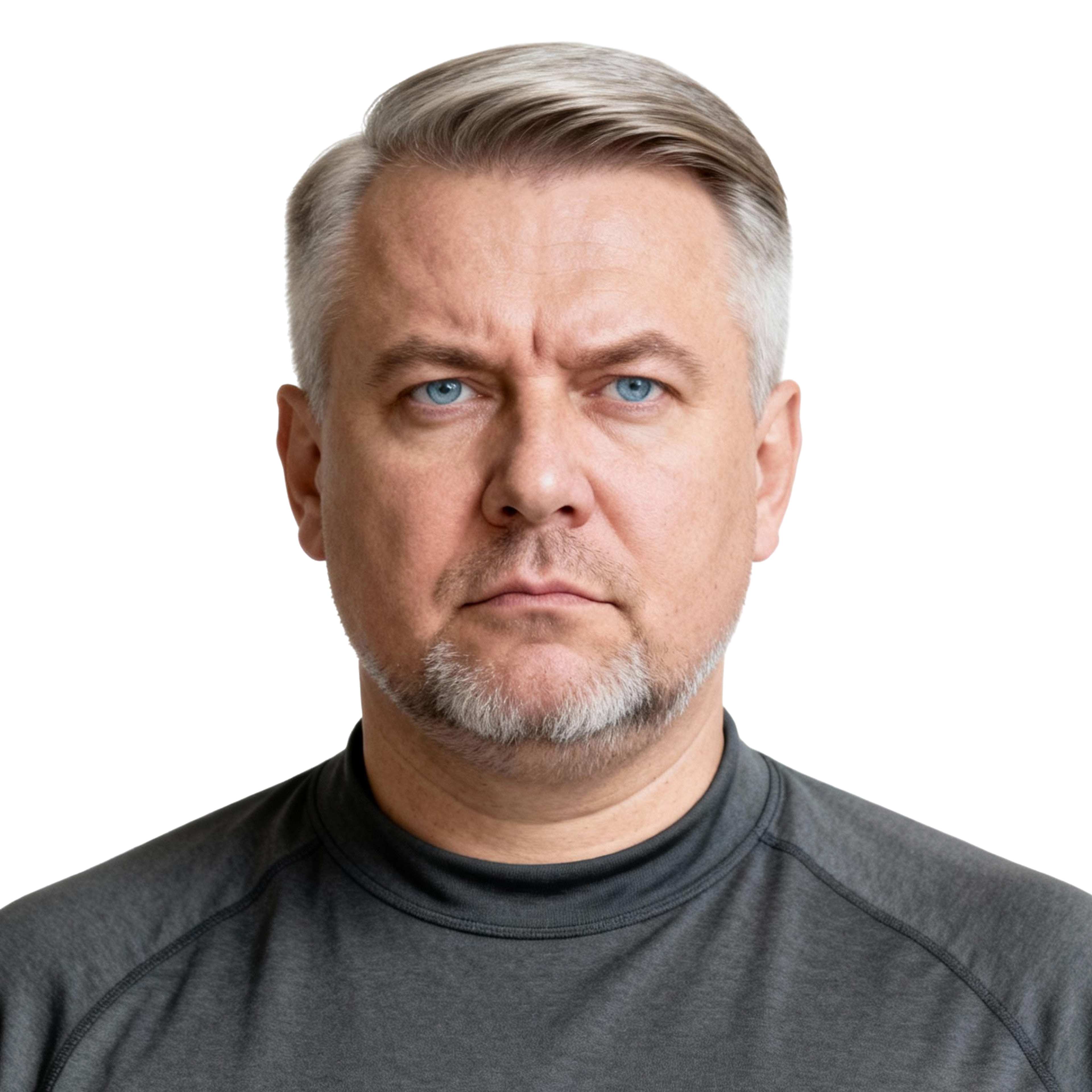 AI-generated portrait of a middle-aged man with neatly combed short hair and trimmed facial hair, wearing a minimalist crew-neck top, posed with a serious expression against a transparent background in cool diffused lighting.