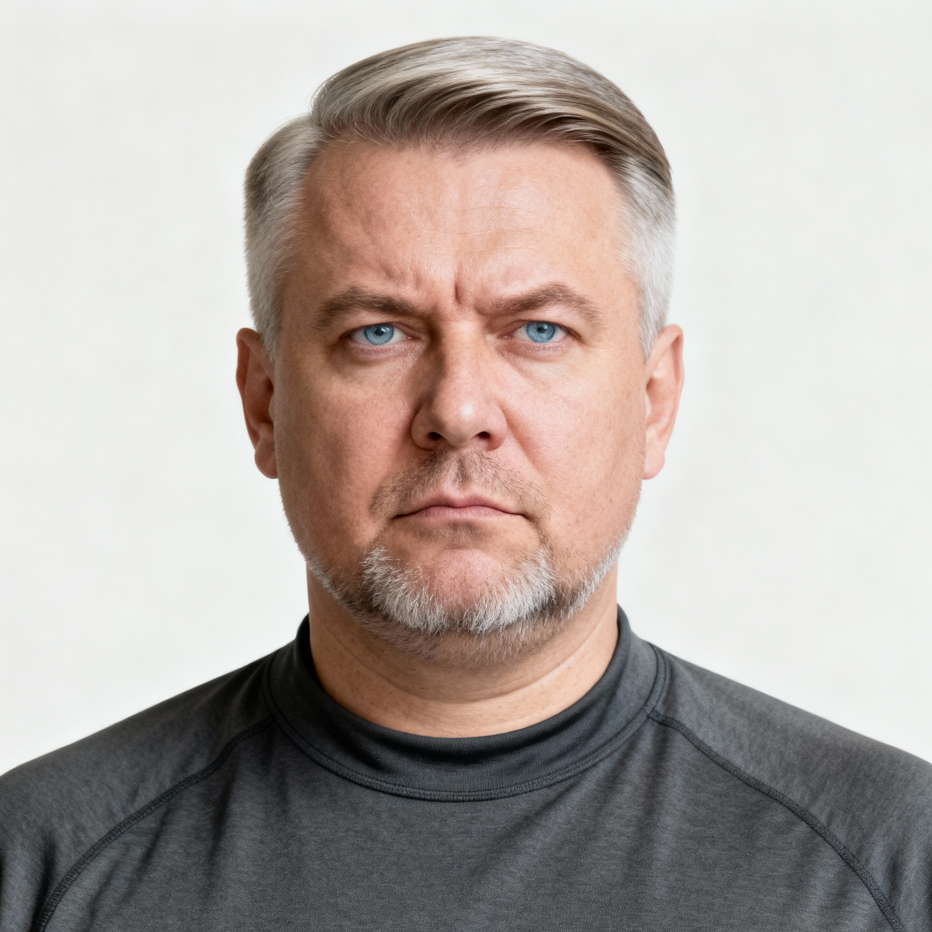 AI-generated portrait of a middle-aged man with neatly combed short hair and trimmed facial hair, wearing a minimalist crew-neck top, posed with a serious expression against an off-white background in cool diffused lighting.