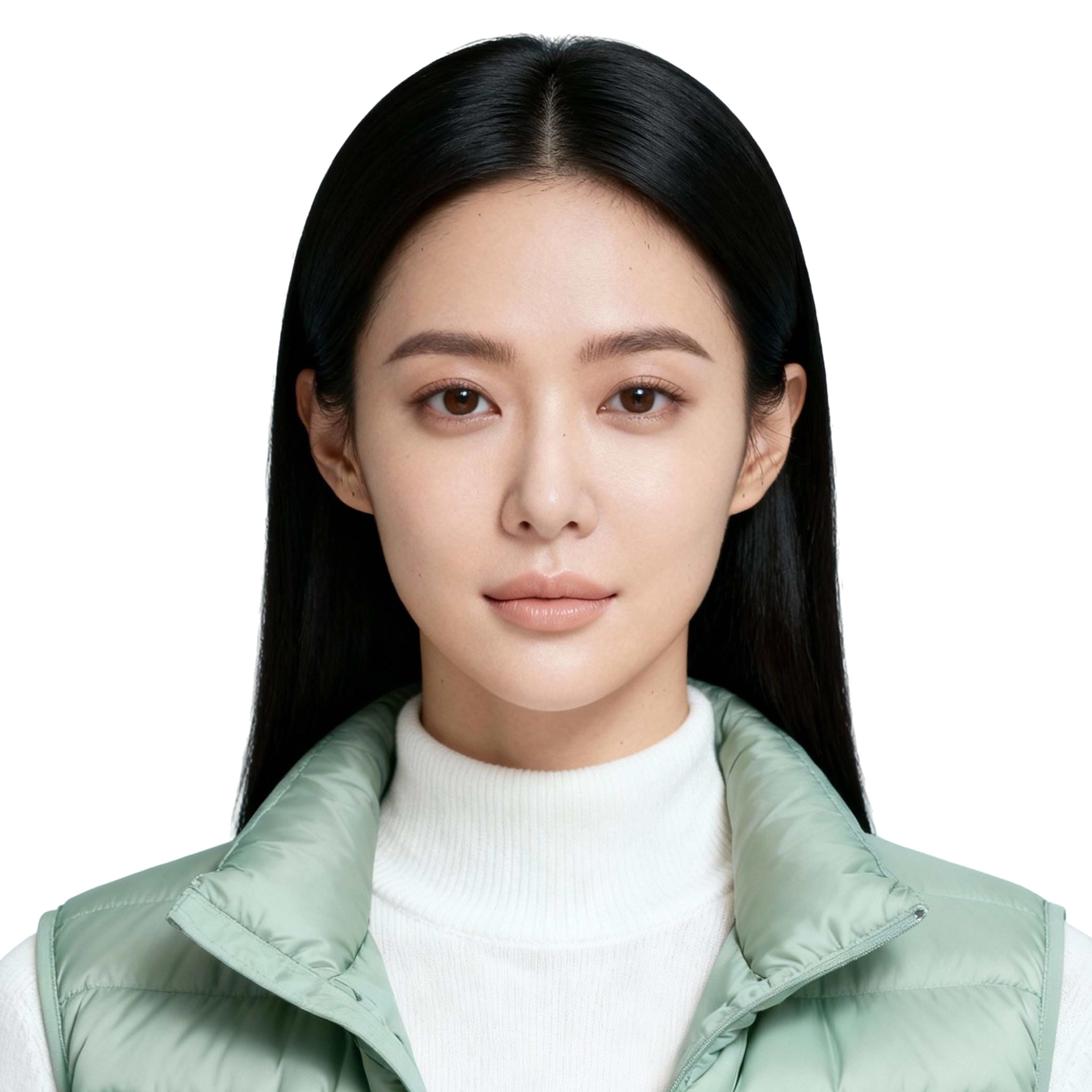 AI-generated portrait of a young woman with long straight hair and smooth features, wearing a padded vest over a high-neck top, posed with a neutral expression against a transparent background in even cool lighting.