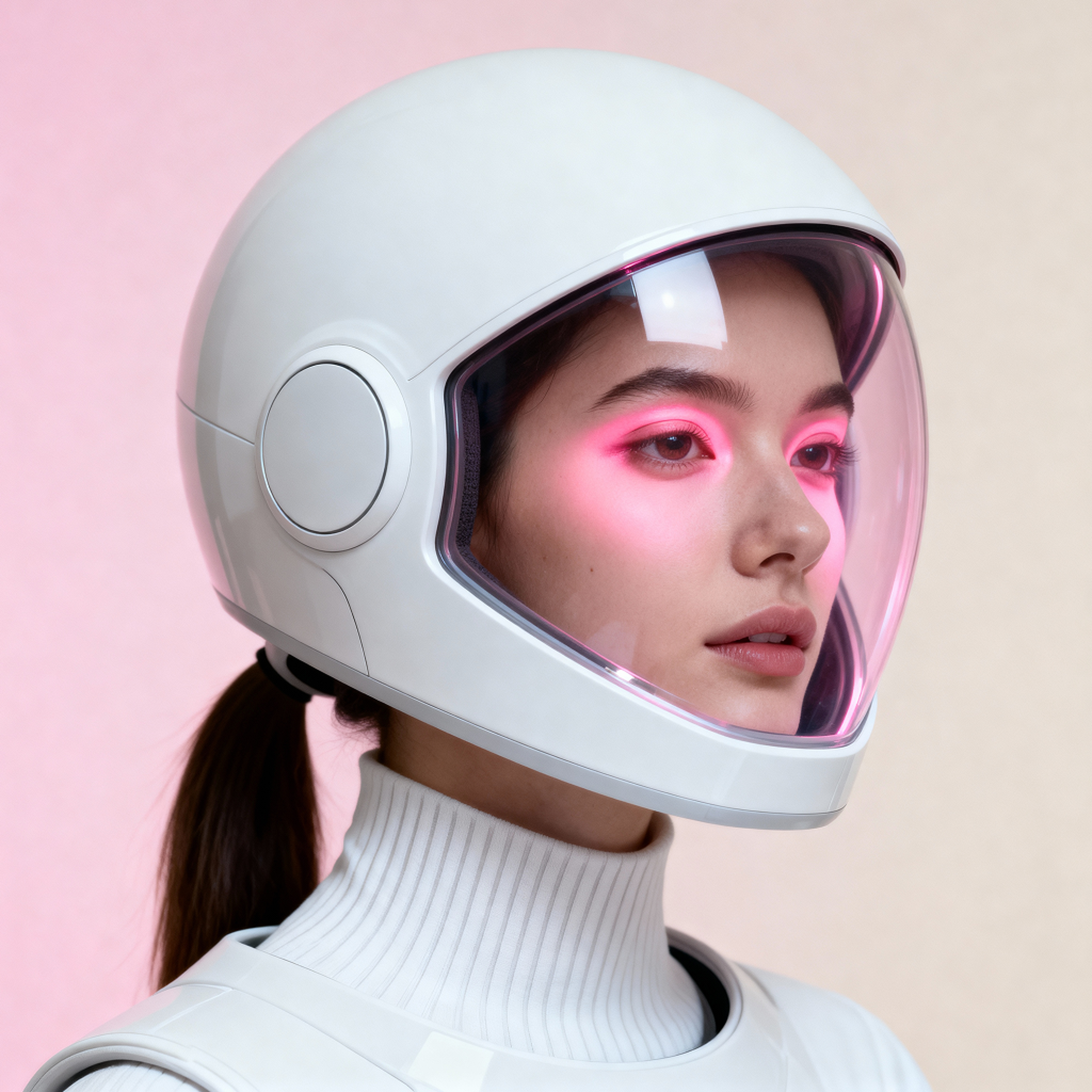 AI-generated portrait of a young woman wearing a smooth white helmet with glowing interior lights, posed with a calm expression against a soft pink background in balanced lighting.