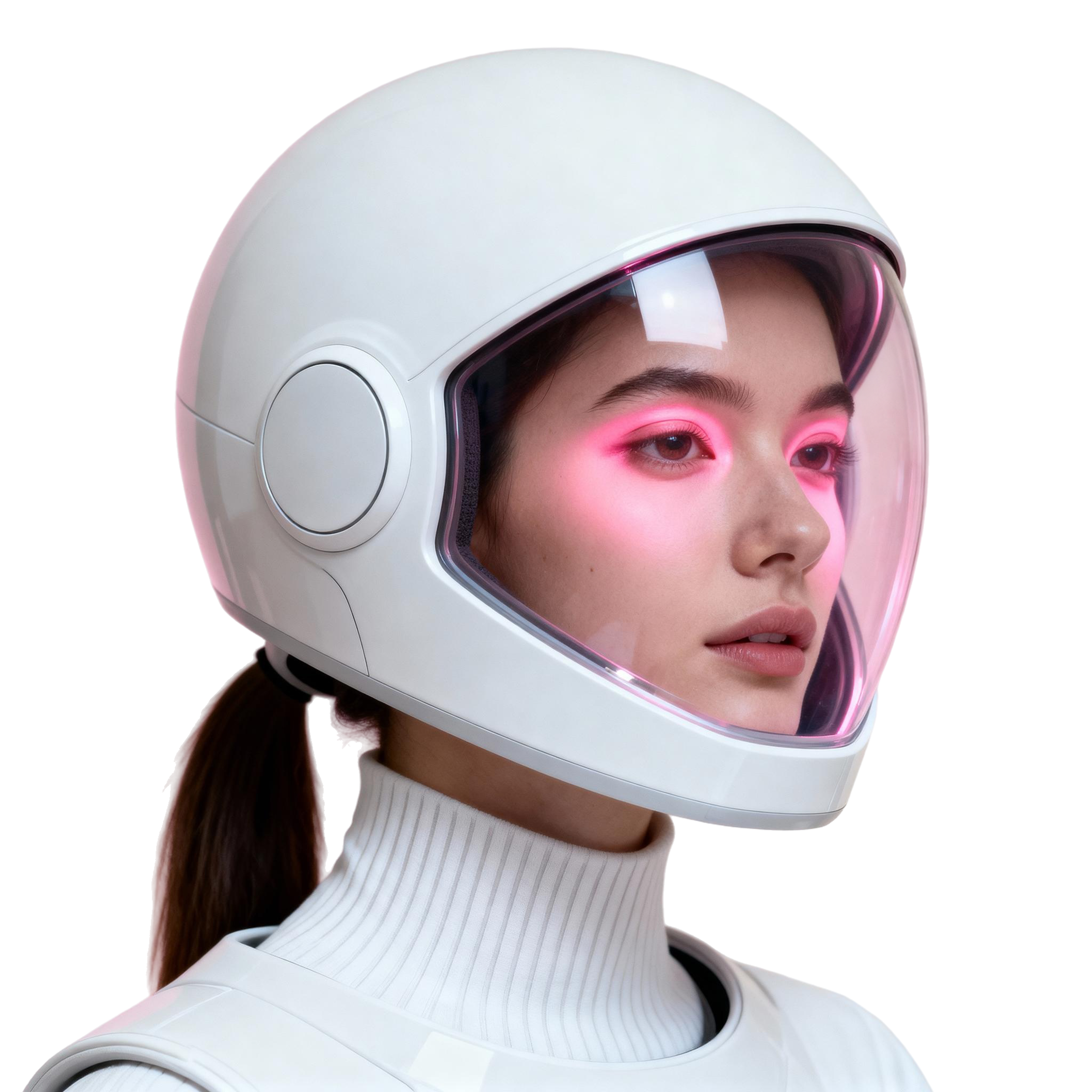 AI-generated portrait of a young woman wearing a smooth white helmet with glowing interior lights, posed with a calm expression against a transparent background in balanced lighting.