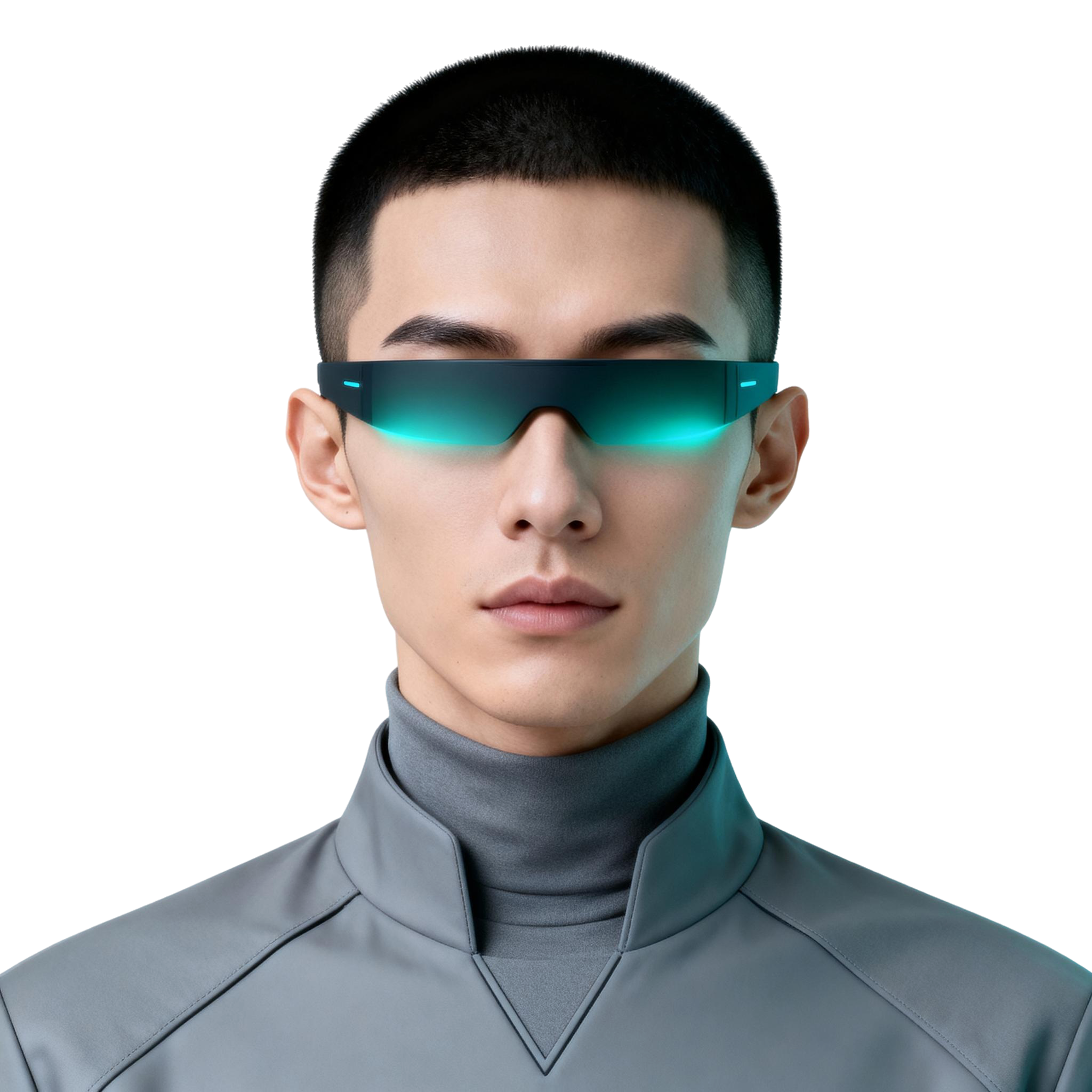 AI-generated portrait of a young man wearing a reflective visor and structured high-collar outfit, posed with a neutral expression against a transparent background in clean lighting.