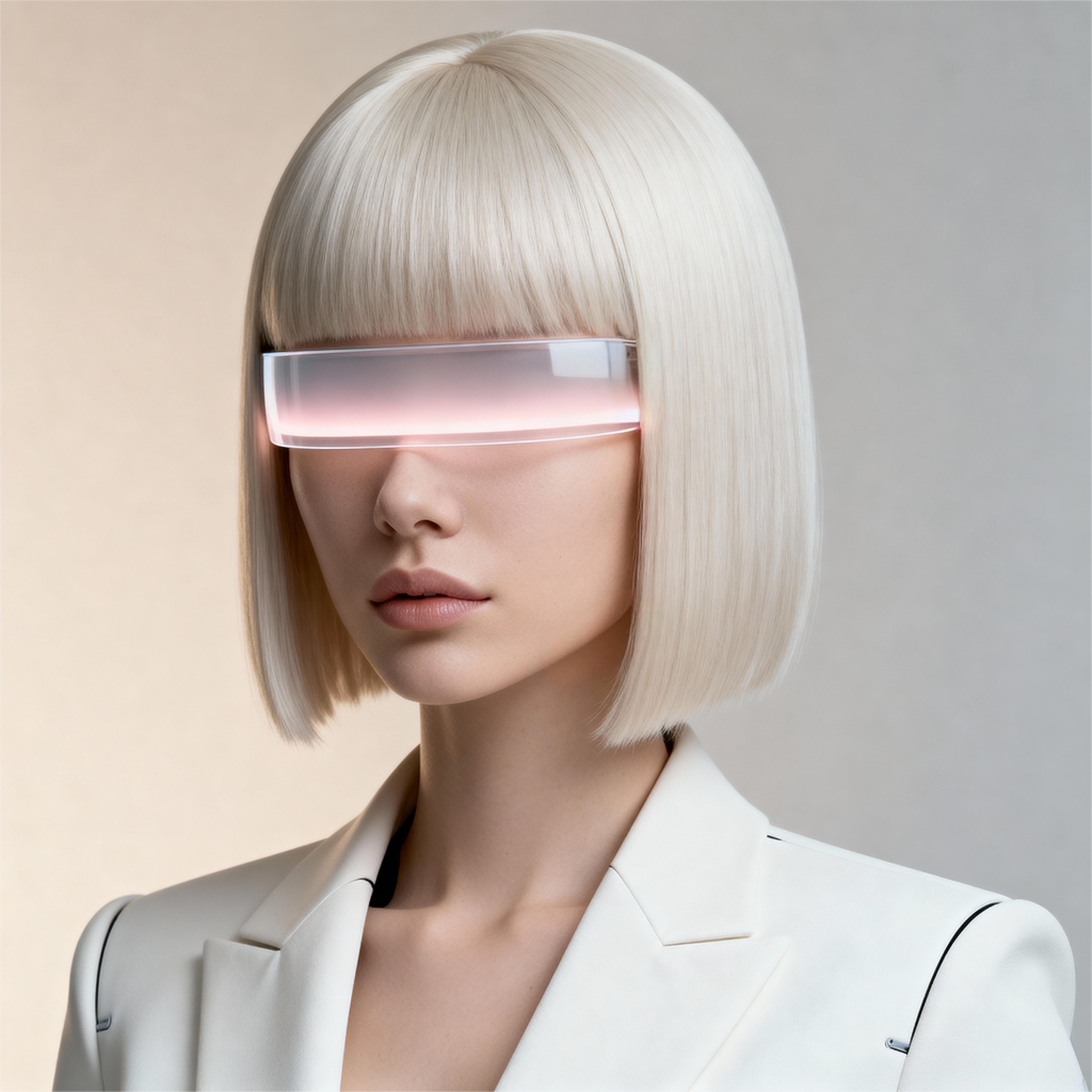 AI-generated portrait of a young woman with a sharp bob haircut wearing a glowing horizontal visor, posed with a calm expression against a warm neutral background in balanced lighting.