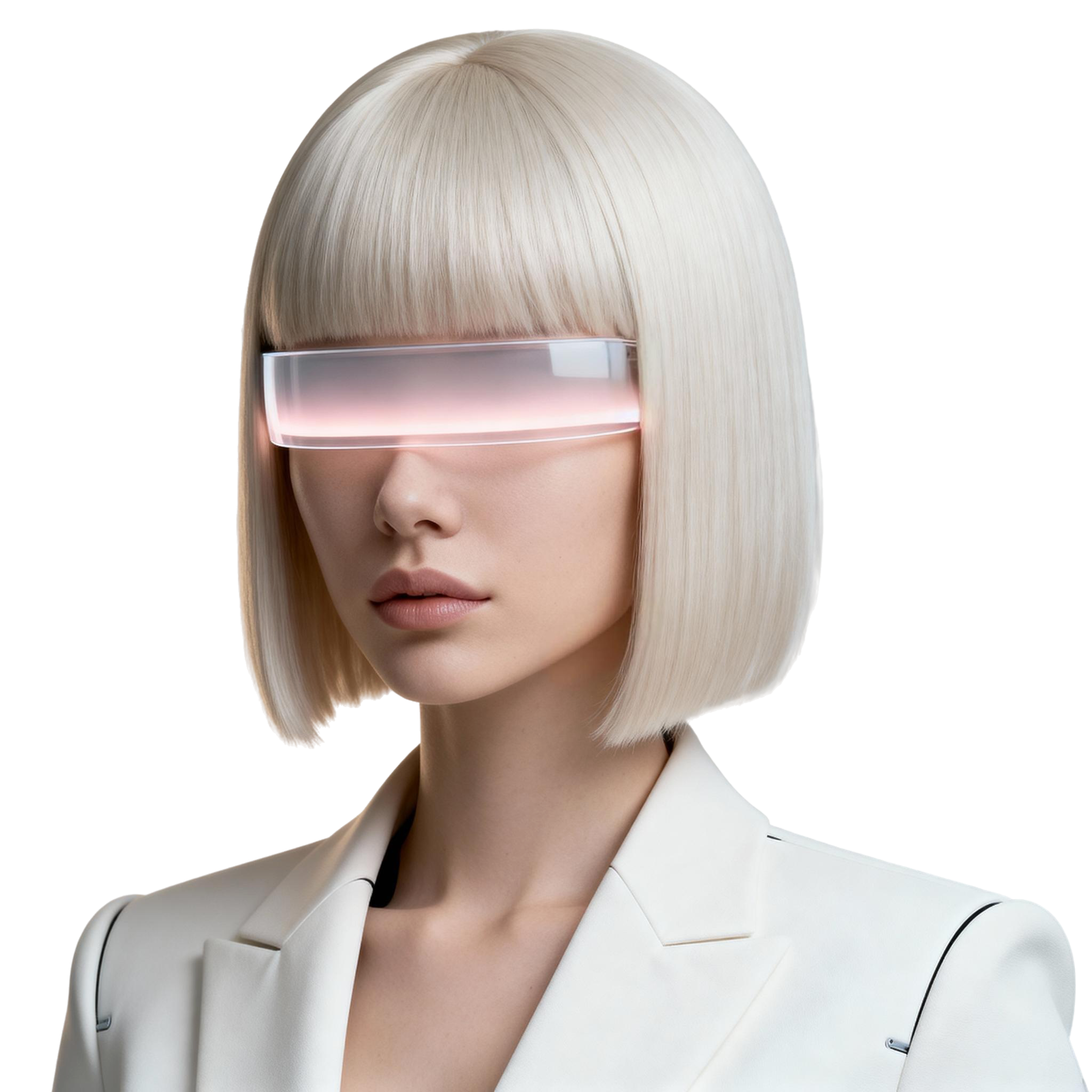 AI-generated portrait of a young woman with a sharp bob haircut wearing a glowing horizontal visor, posed with a calm expression against a transparent background in balanced lighting.
