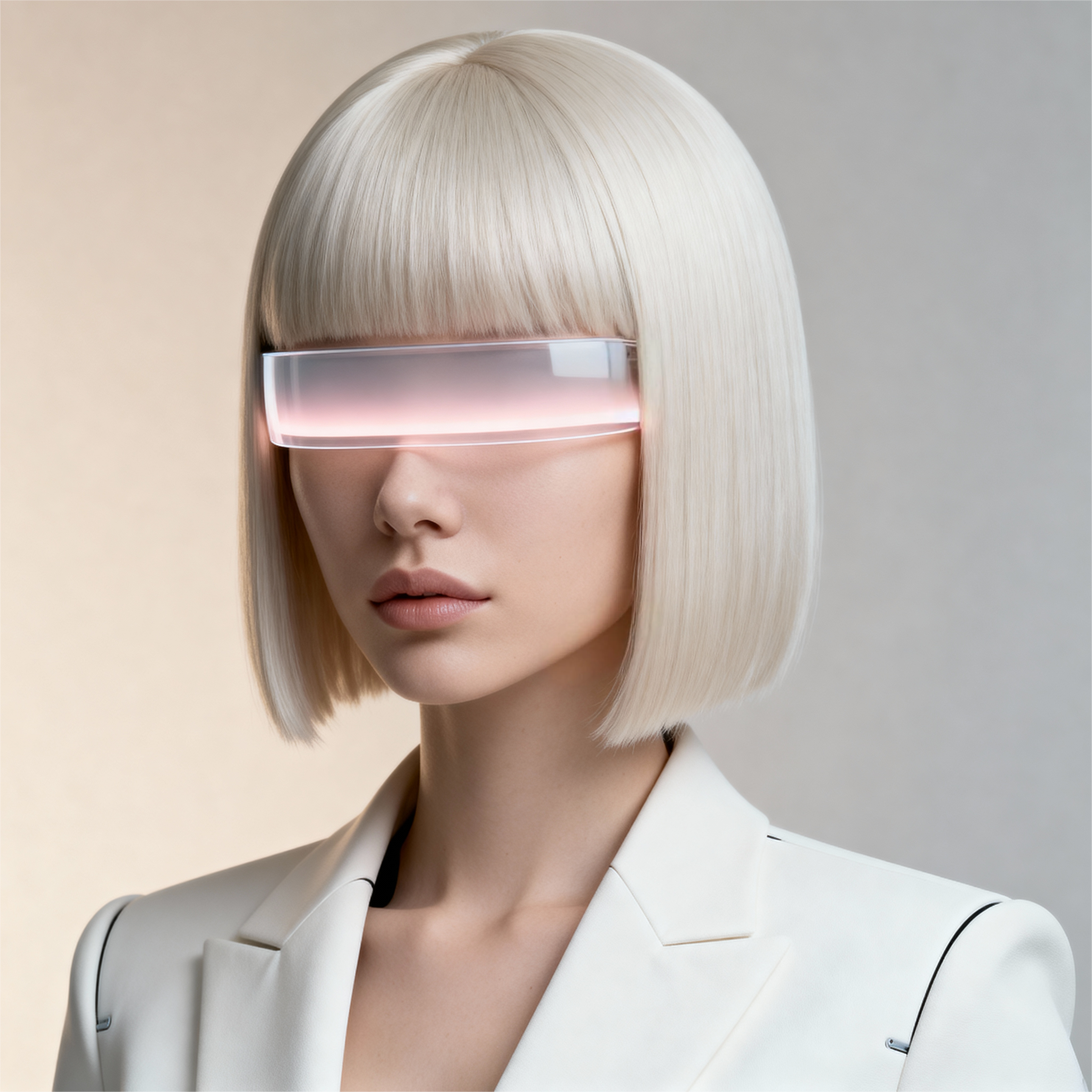 AI-generated portrait of a young woman with a sharp bob haircut wearing a glowing horizontal visor, posed with a calm expression against a warm neutral background in balanced lighting.