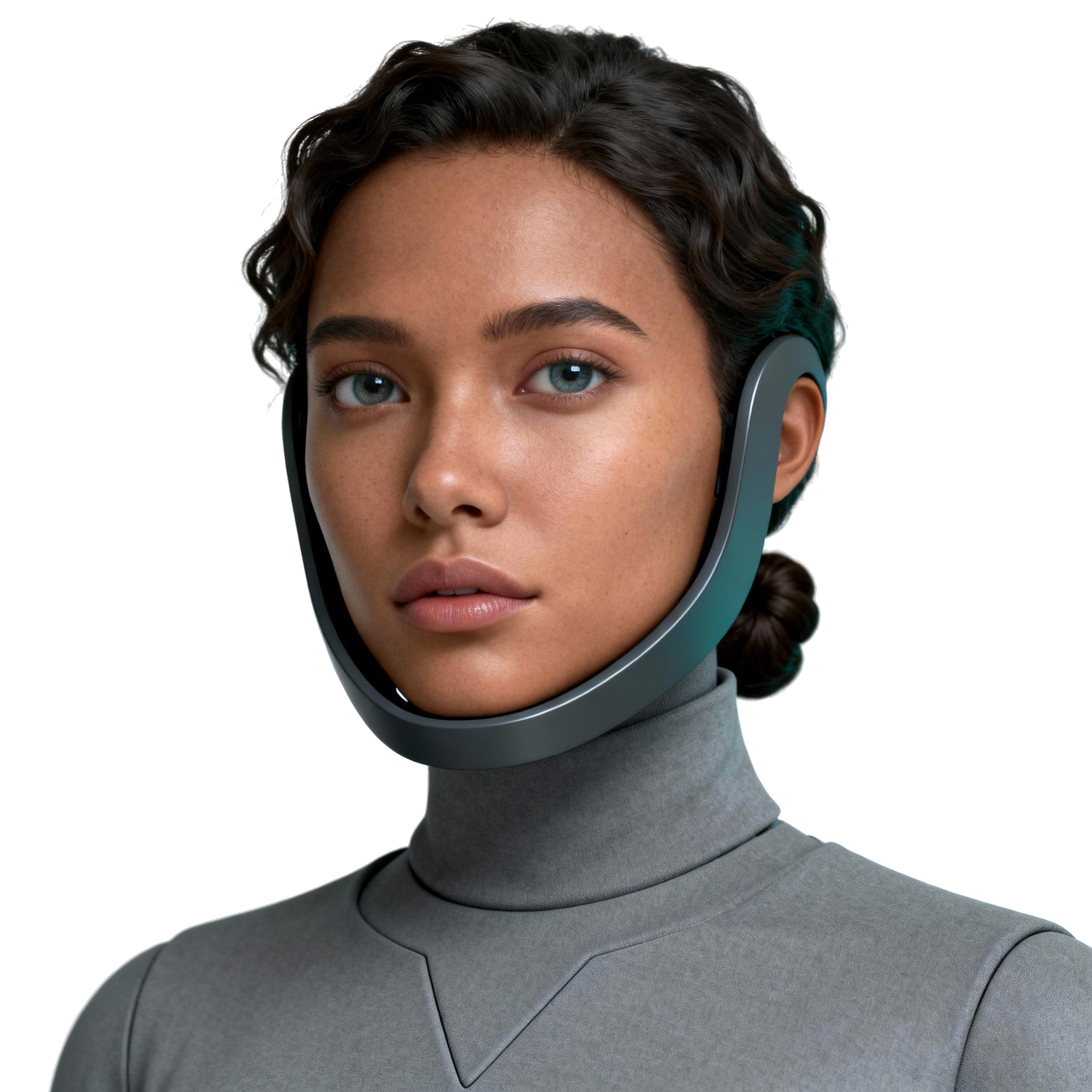 AI-generated portrait of a young woman wearing a curved neck-mounted device and minimalist attire, posed with a gentle expression against a transparent background in soft lighting.