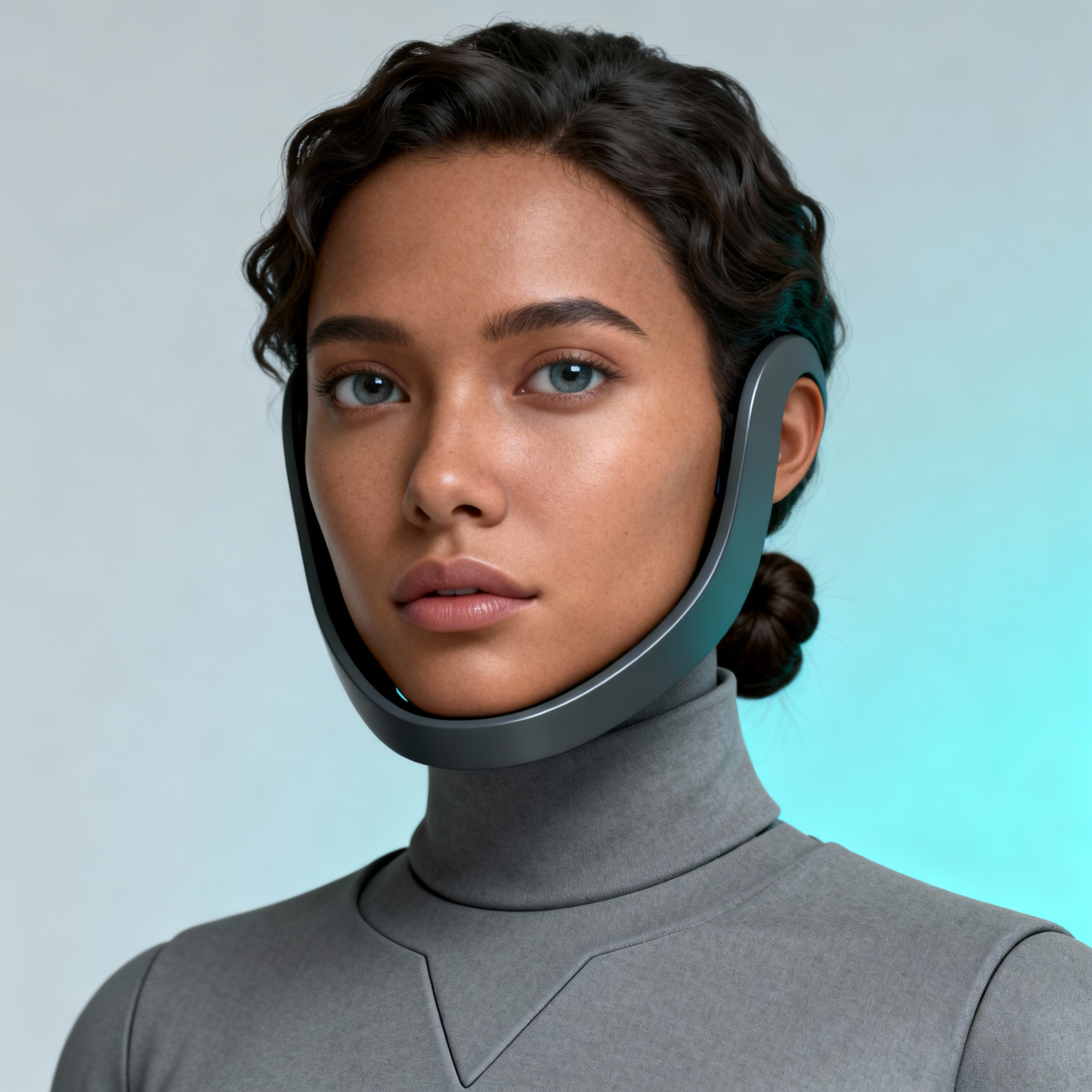 AI-generated portrait of a young woman wearing a curved neck-mounted device and minimalist attire, posed with a gentle expression against a teal background in soft lighting.