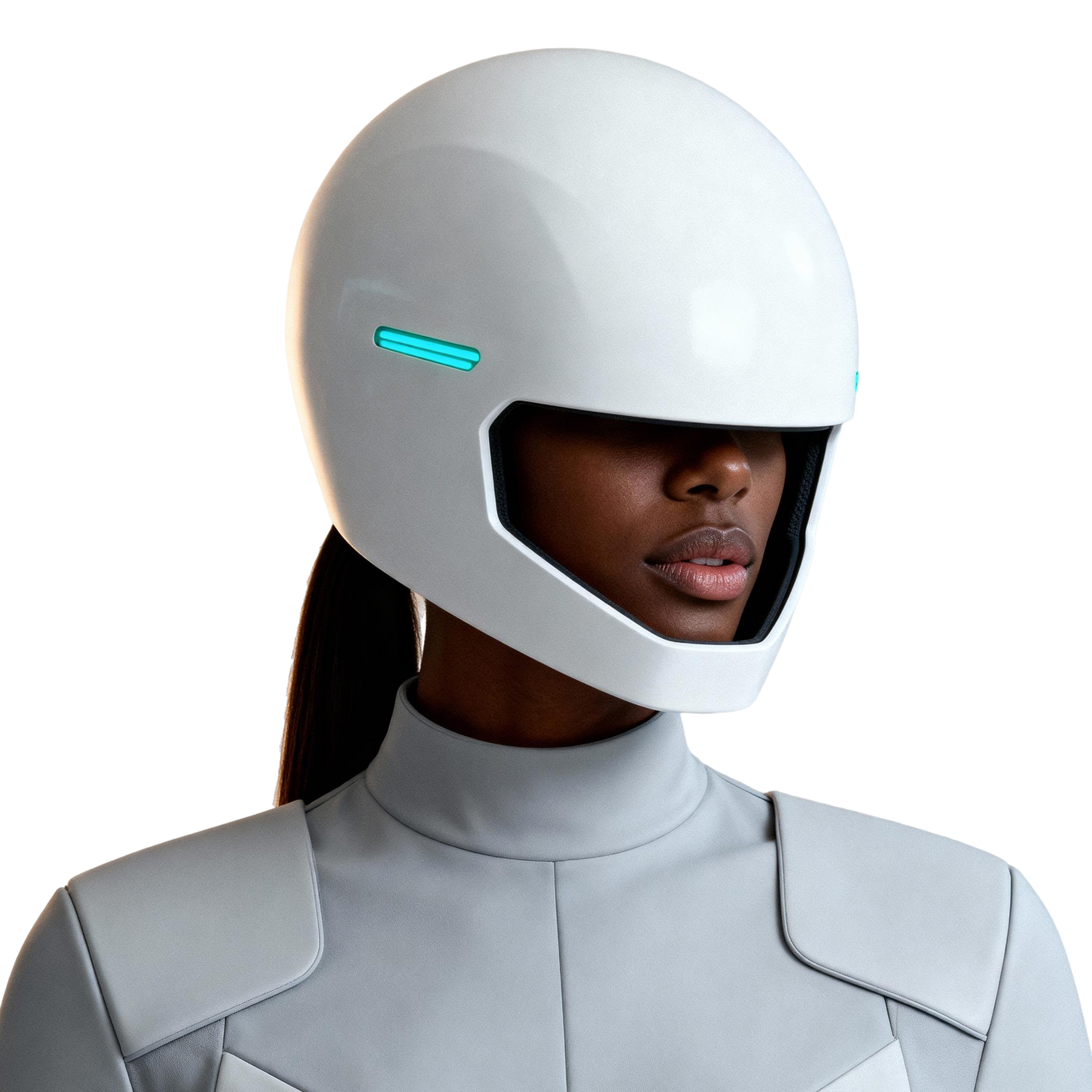 AI-generated portrait of a young woman wearing a white enclosed helmet with minimal glowing details, posed with a neutral expression against a transparent background in clean lighting.
