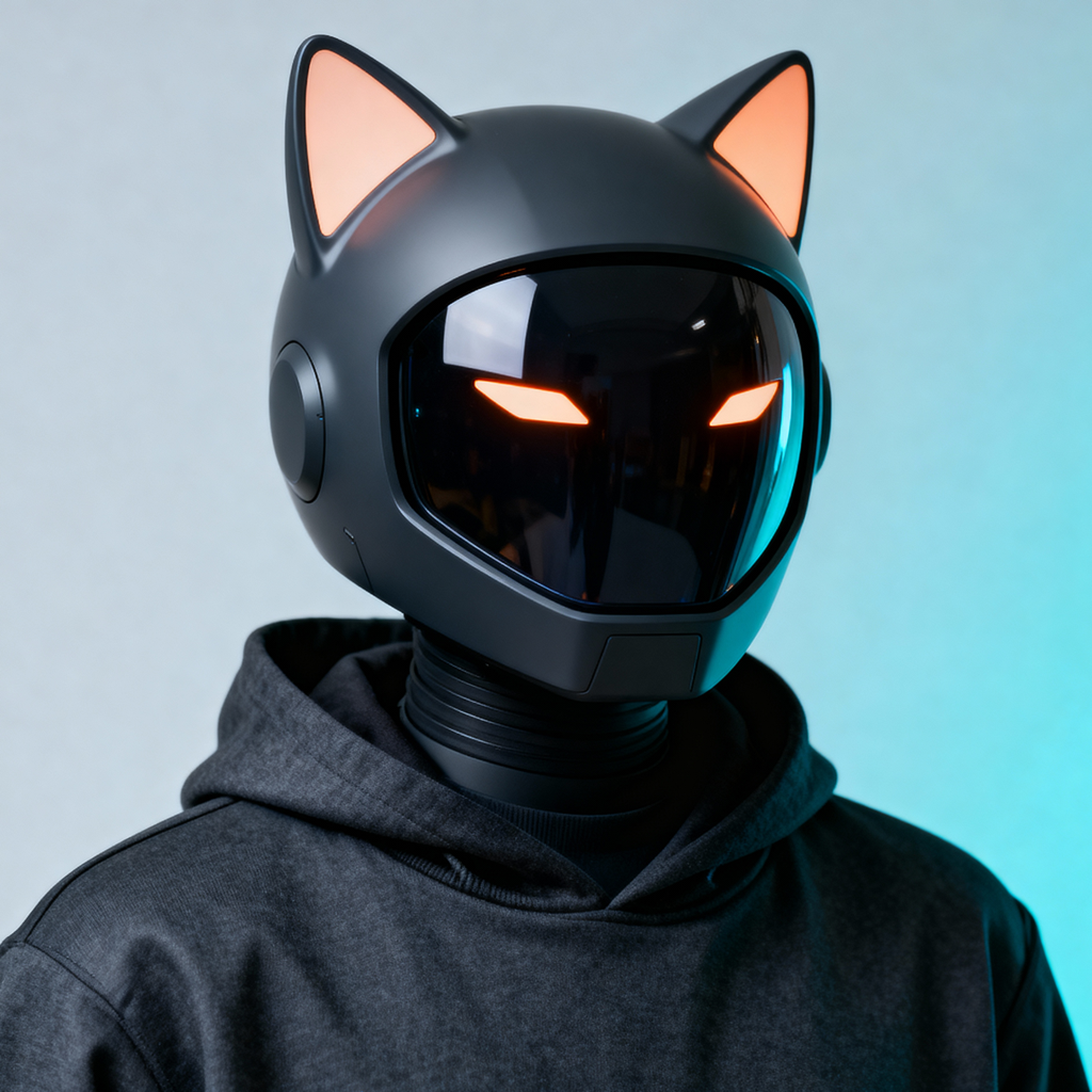 AI-generated portrait of a person wearing a dark glossy helmet with cat-ear shapes and glowing eye slits, posed with a calm expression against a cool teal background in balanced lighting.