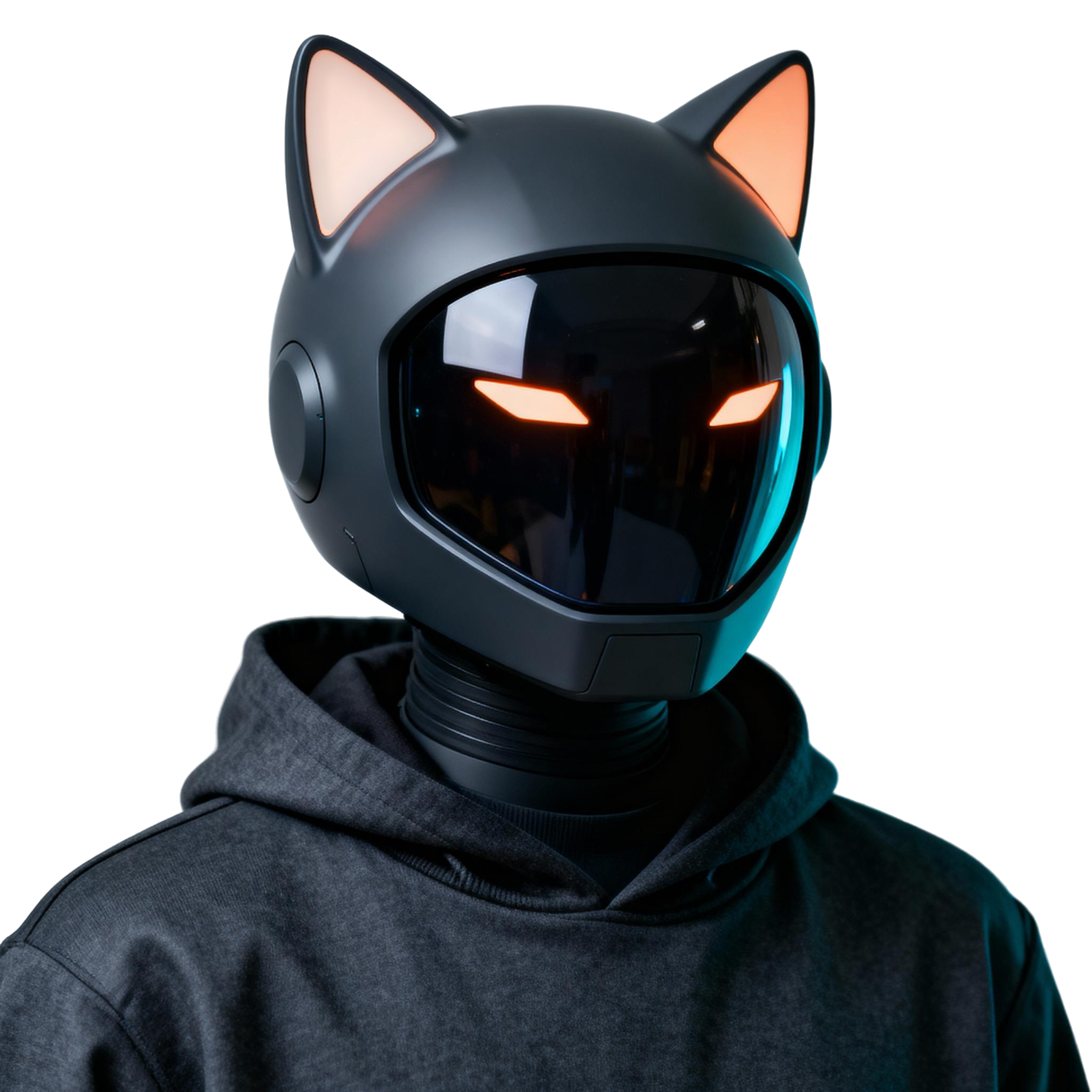 AI-generated portrait of a person wearing a dark glossy helmet with cat-ear shapes and glowing eye slits, posed with a calm expression against a transparent background in balanced lighting.
