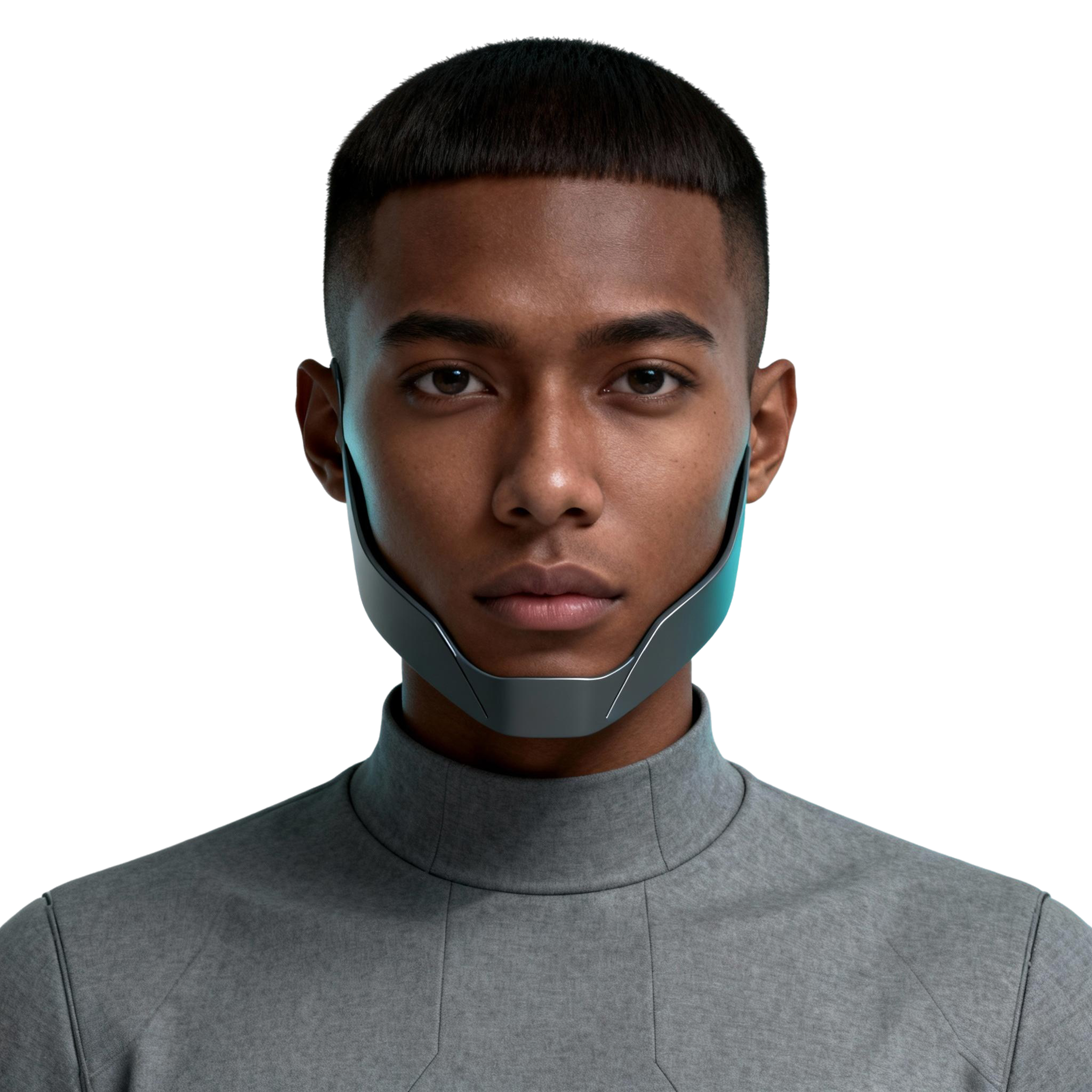 AI-generated portrait of a young man with a close-cropped haircut wearing a curved jaw-mounted device, posed with a neutral expression against a transparent background in balanced lighting.