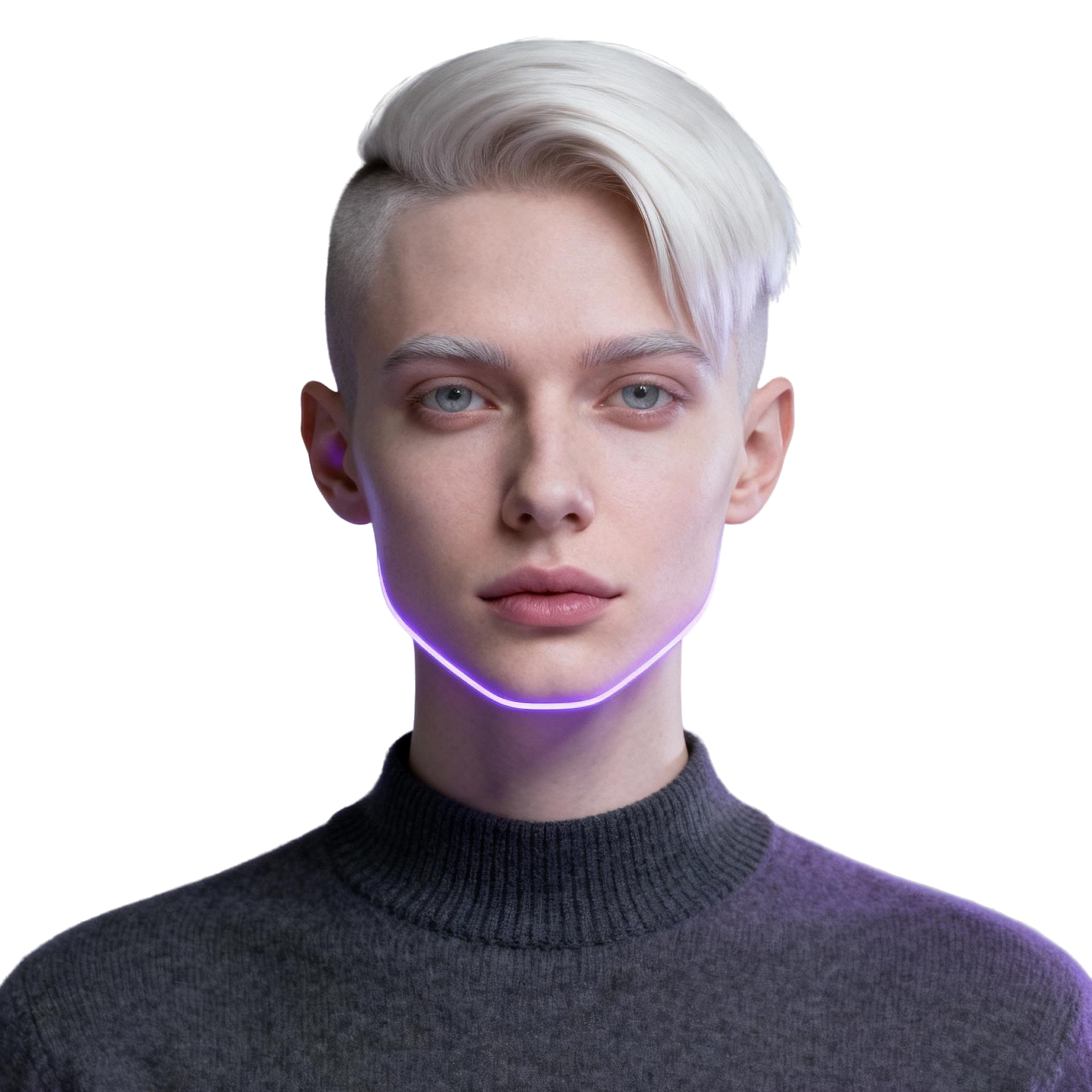 AI-generated portrait of a young person with an asymmetrical short haircut, wearing a high-neck top and a subtle glowing neck interface, posed with a calm expression against a transparent background in balanced lighting.