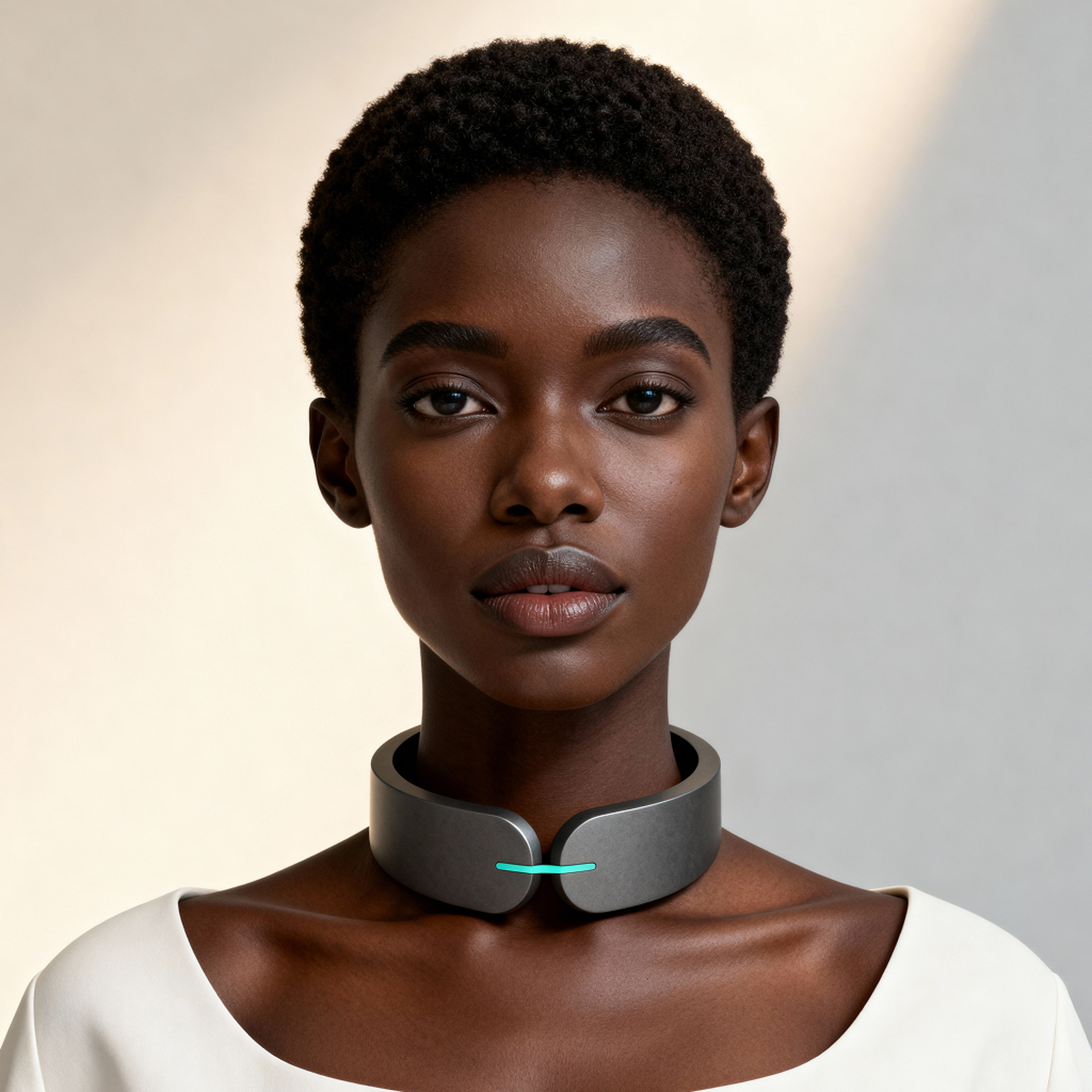 AI-generated portrait of a young woman with short natural hair, wearing a minimalist collar interface and a light top, posed with a neutral expression against a warm gradient background in balanced lighting.