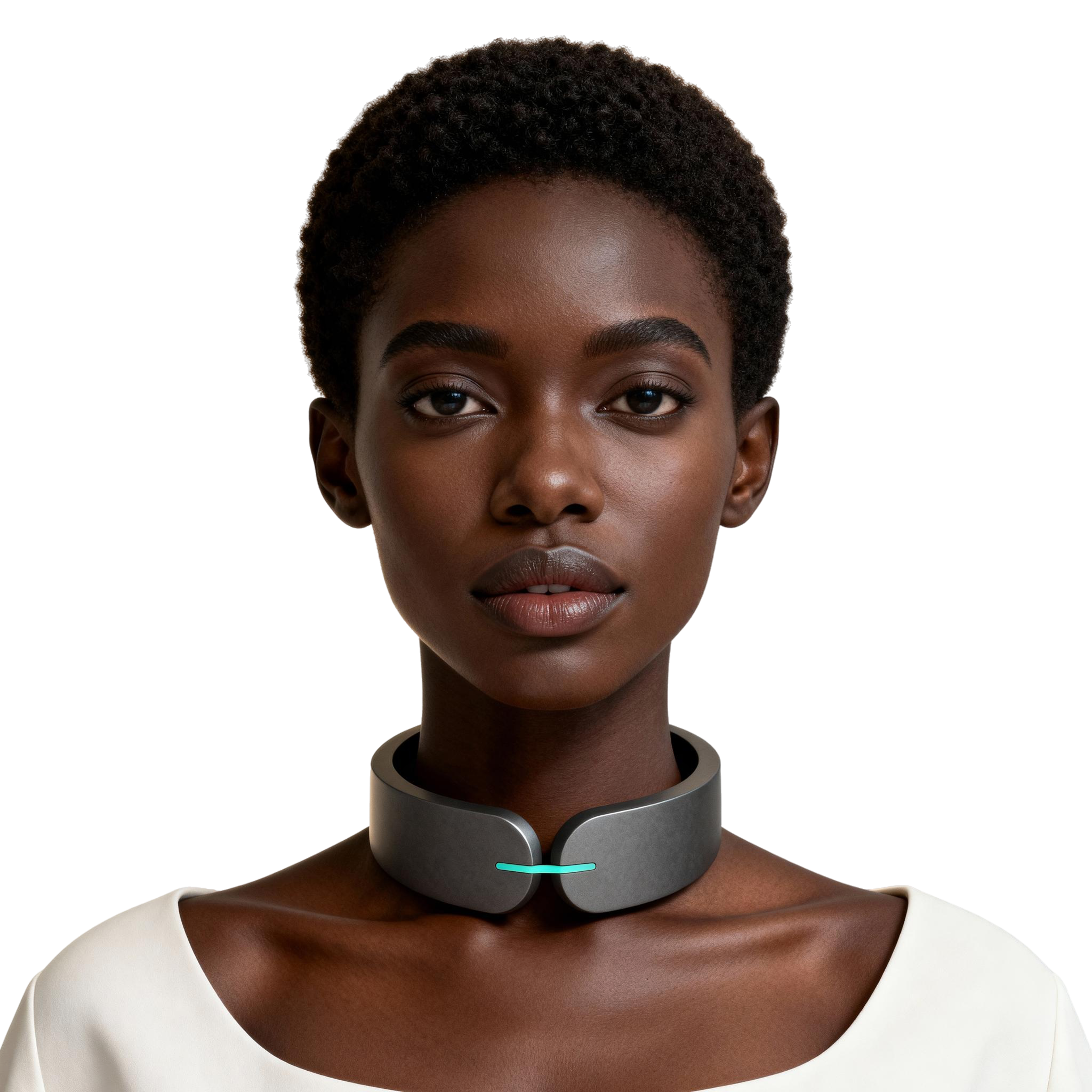 AI-generated portrait of a young woman with short natural hair, wearing a minimalist collar interface and a light top, posed with a neutral expression against a transparent background in balanced lighting.