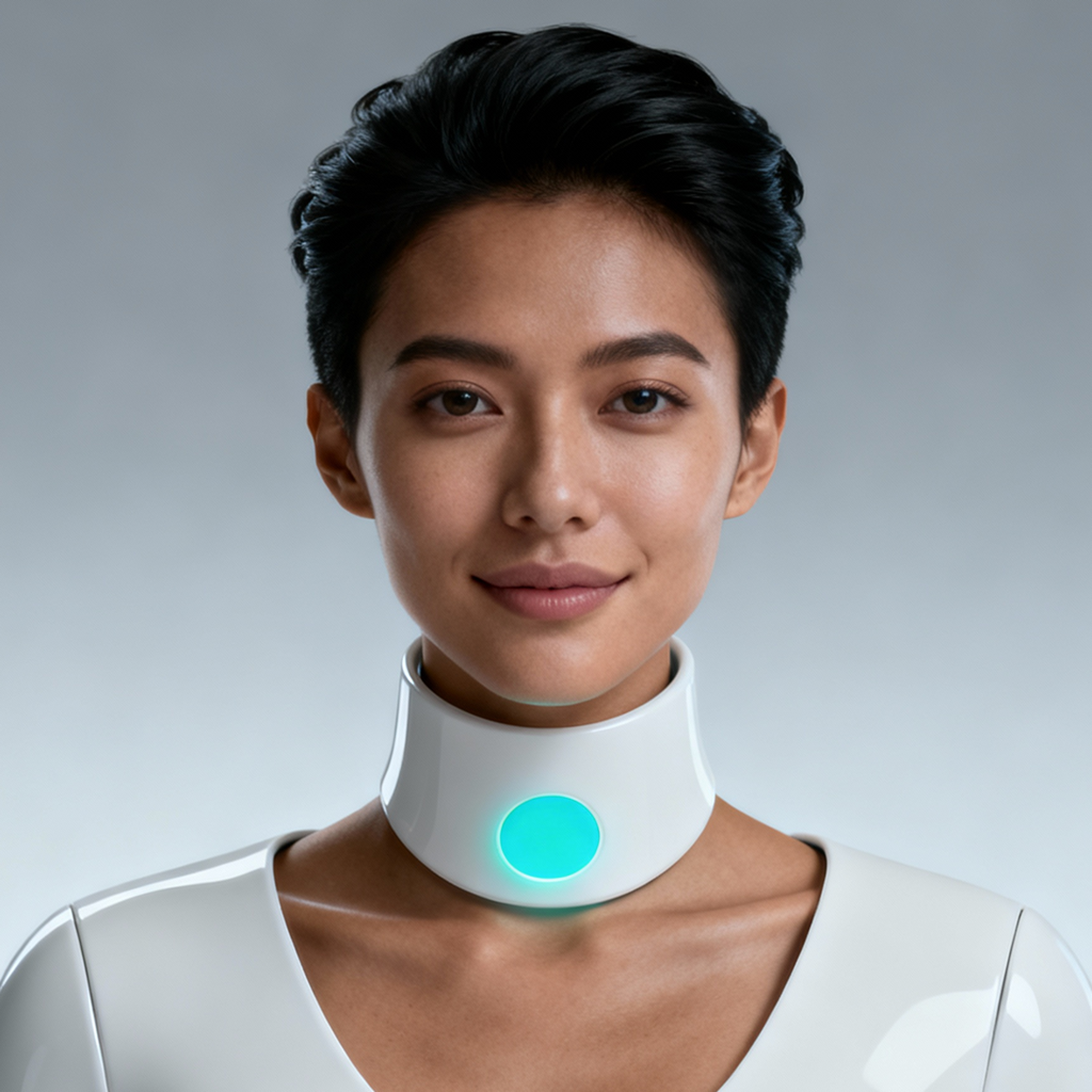 AI-generated portrait of a young woman with short styled hair, wearing a smooth white collar interface with a glowing center, posed with a gentle smile against a pale blue background in balanced lighting.
