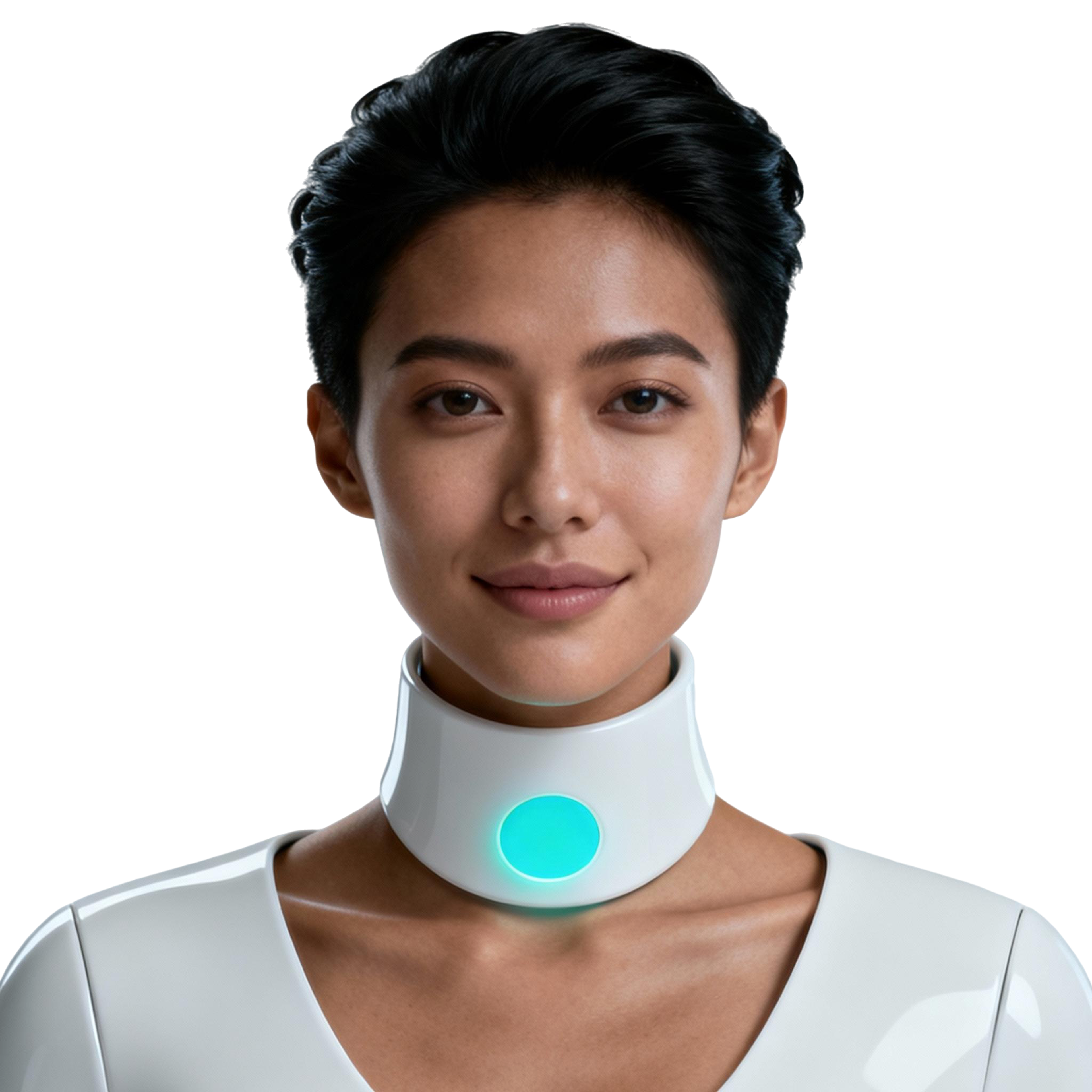 AI-generated portrait of a young woman with short styled hair, wearing a smooth white collar interface with a glowing center, posed with a gentle smile against a transparent background in balanced lighting.