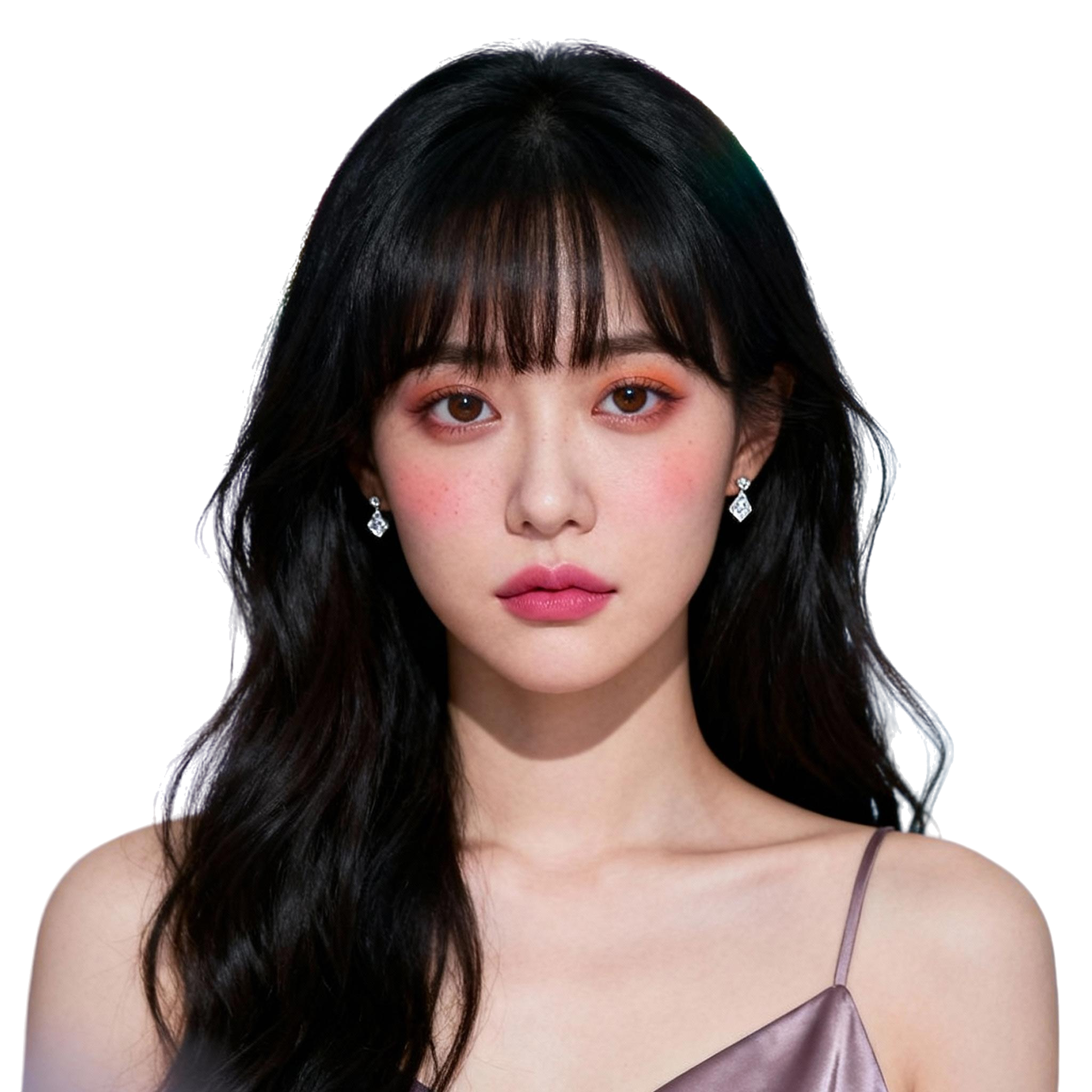 AI-generated portrait of a young woman with long dark hair and straight bangs, wearing a thin-strap top and earrings, posed with a neutral expression against a transparent background in diffused light.