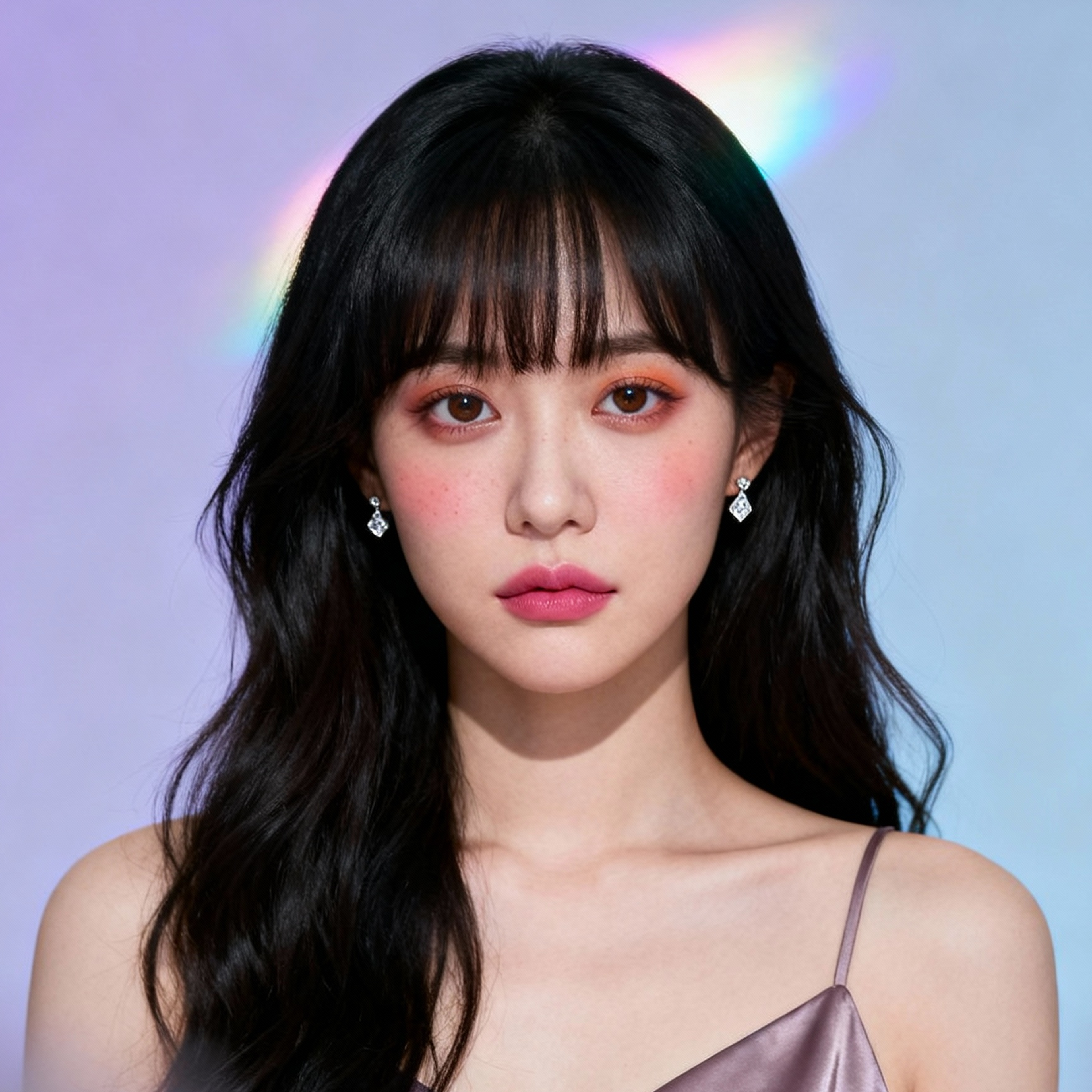 AI-generated portrait of a young woman with long dark hair and straight bangs, wearing a thin-strap top and earrings, posed with a neutral expression against a soft lavender gradient background in diffused light.