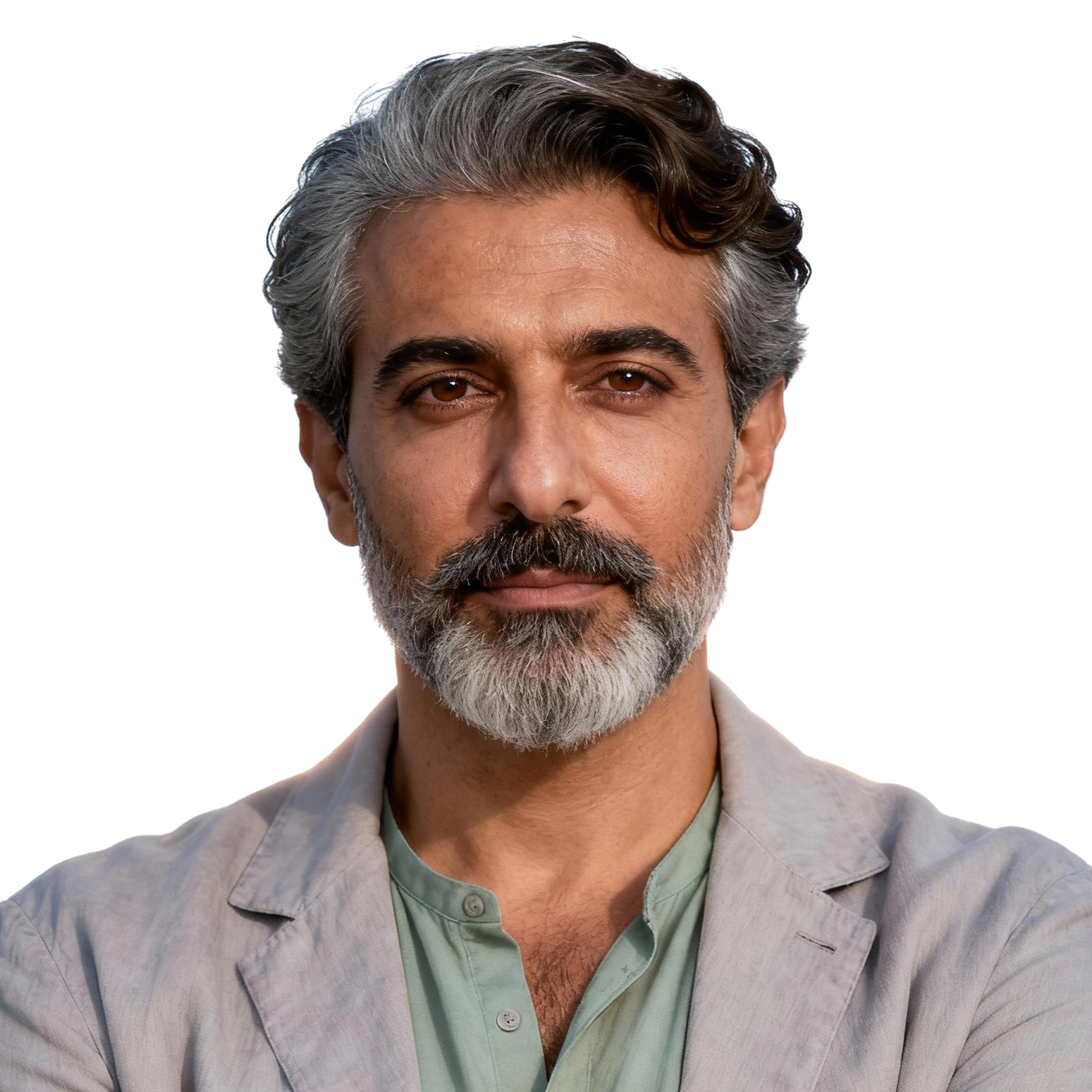 AI-generated portrait of a middle-aged man with salt-and-pepper hair and beard, wearing a light jacket over a shirt, posed with a neutral expression against a transparent background in diffused light.