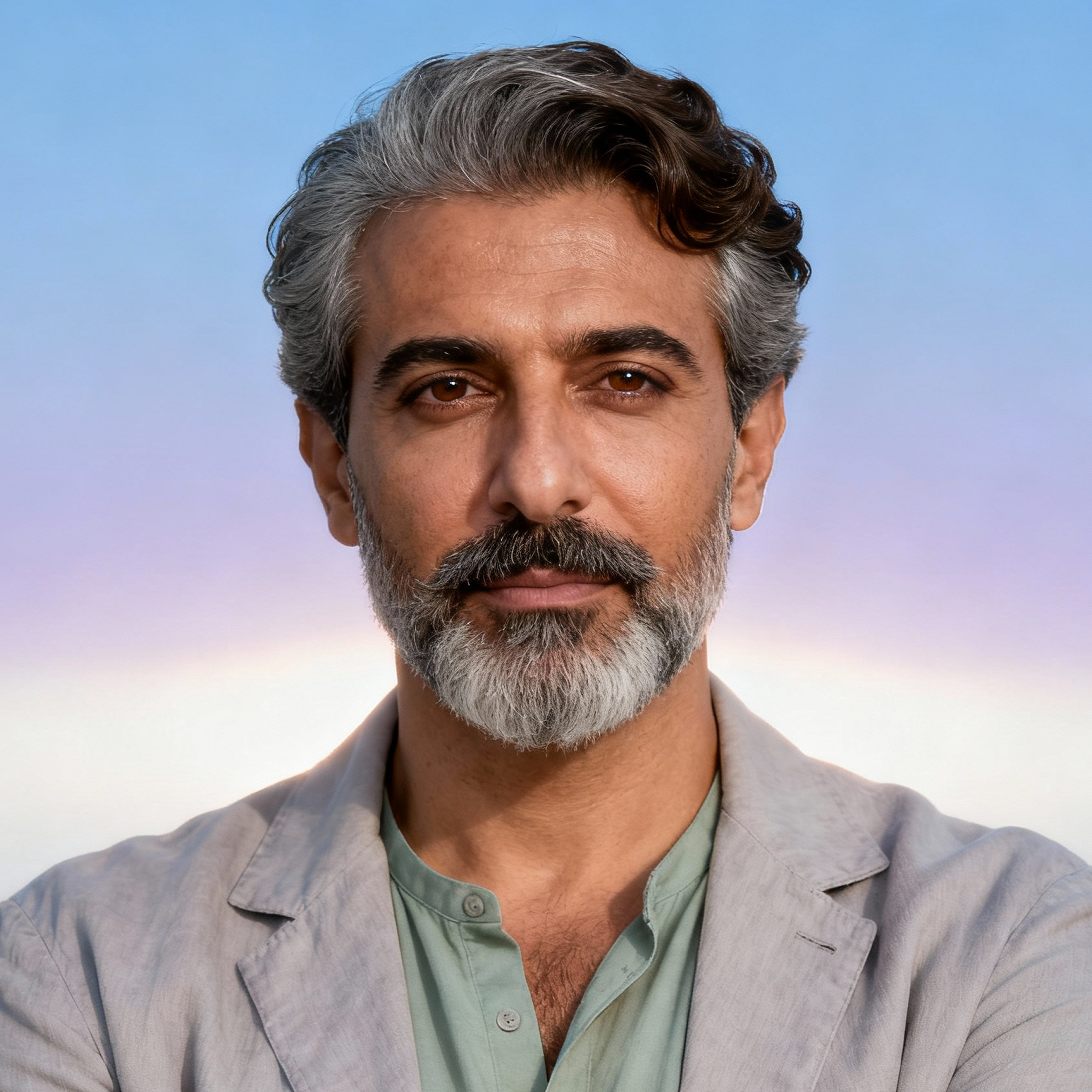 AI-generated portrait of a middle-aged man with salt-and-pepper hair and beard, wearing a light jacket over a shirt, posed with a neutral expression against a soft blue-lavender gradient background in diffused light.