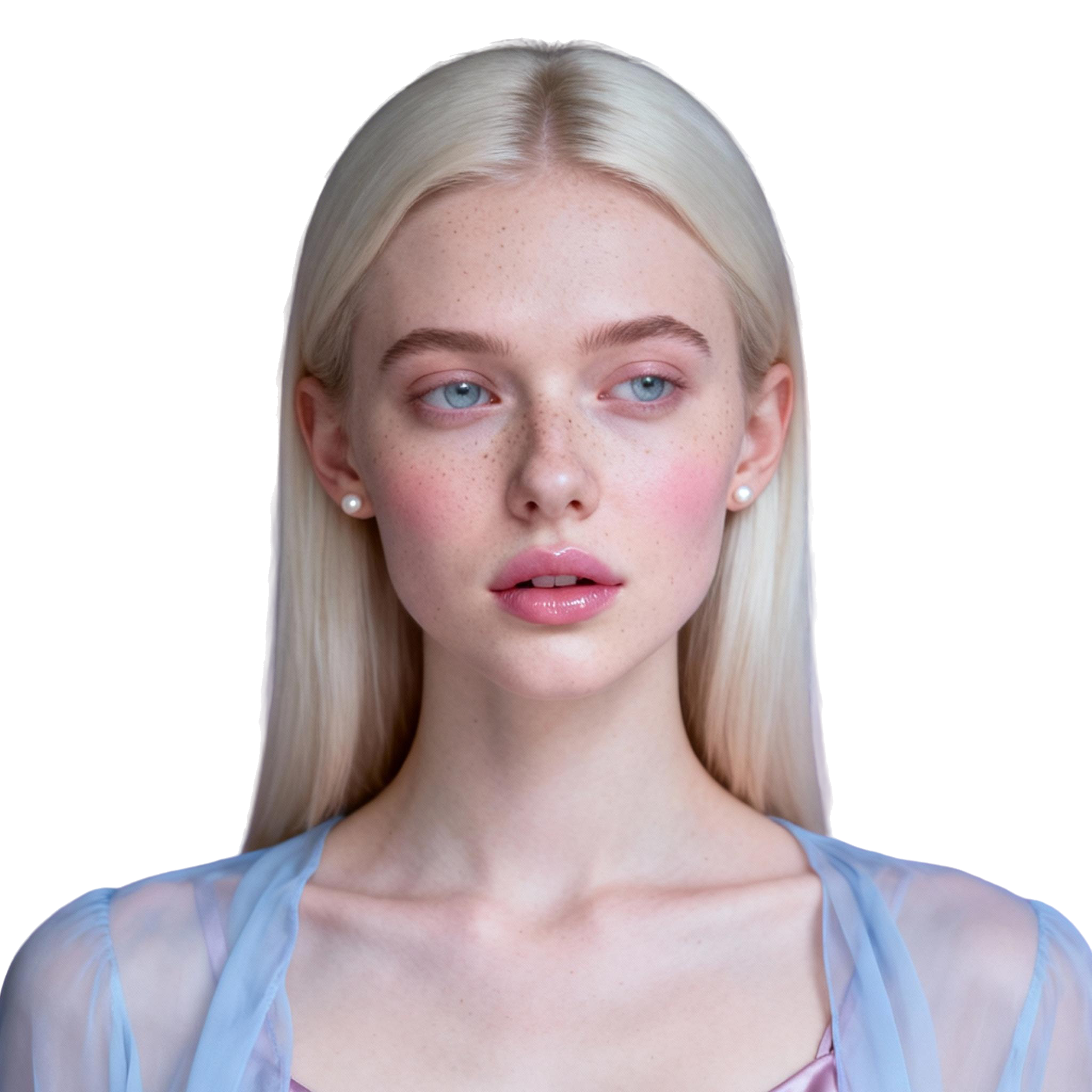 AI-generated portrait of a young woman with long light hair and pale makeup, wearing a sheer layered top, posed with a neutral expression against a transparent background in diffused light.