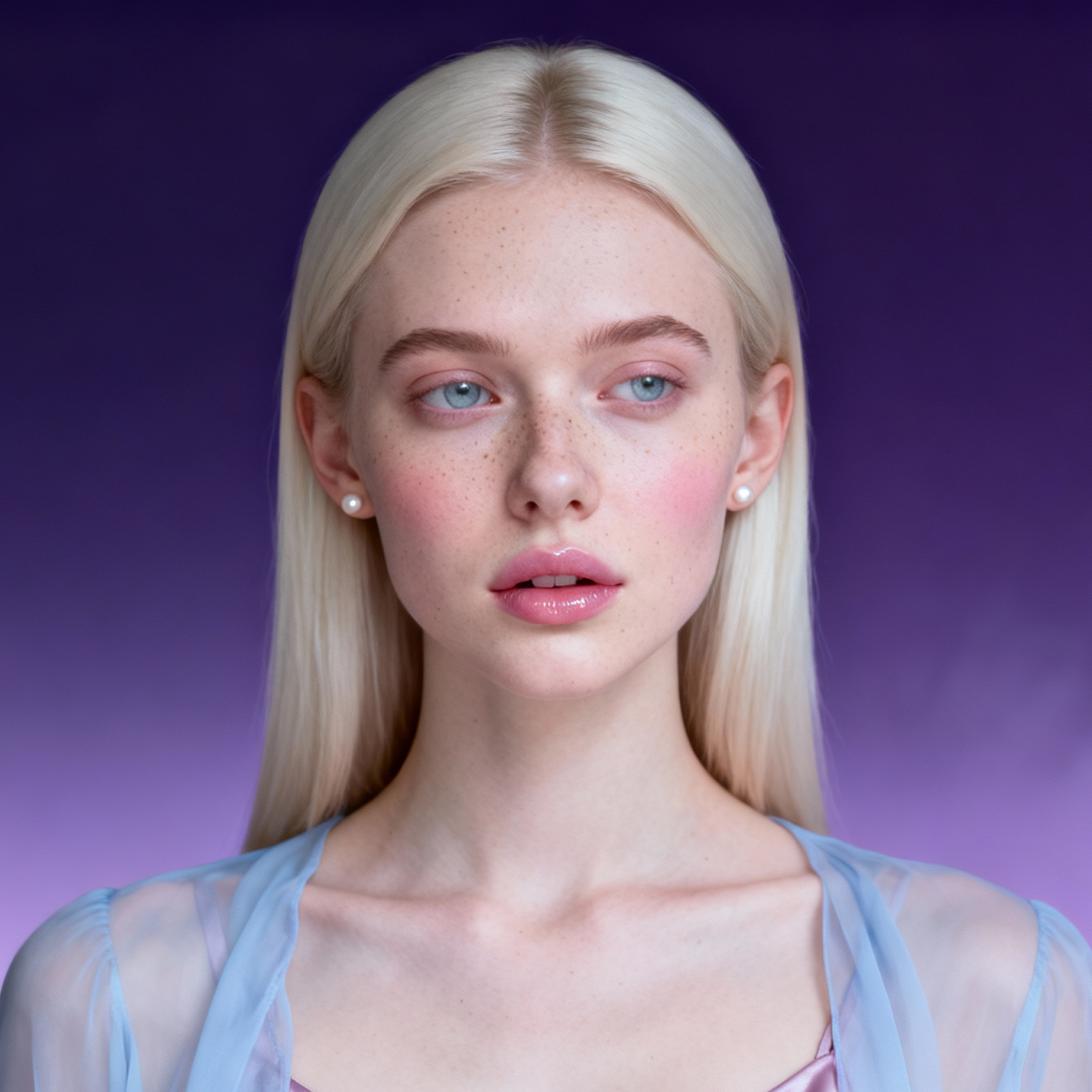 AI-generated portrait of a young woman with long light hair and pale makeup, wearing a sheer layered top, posed with a neutral expression against a deep purple background in diffused light.
