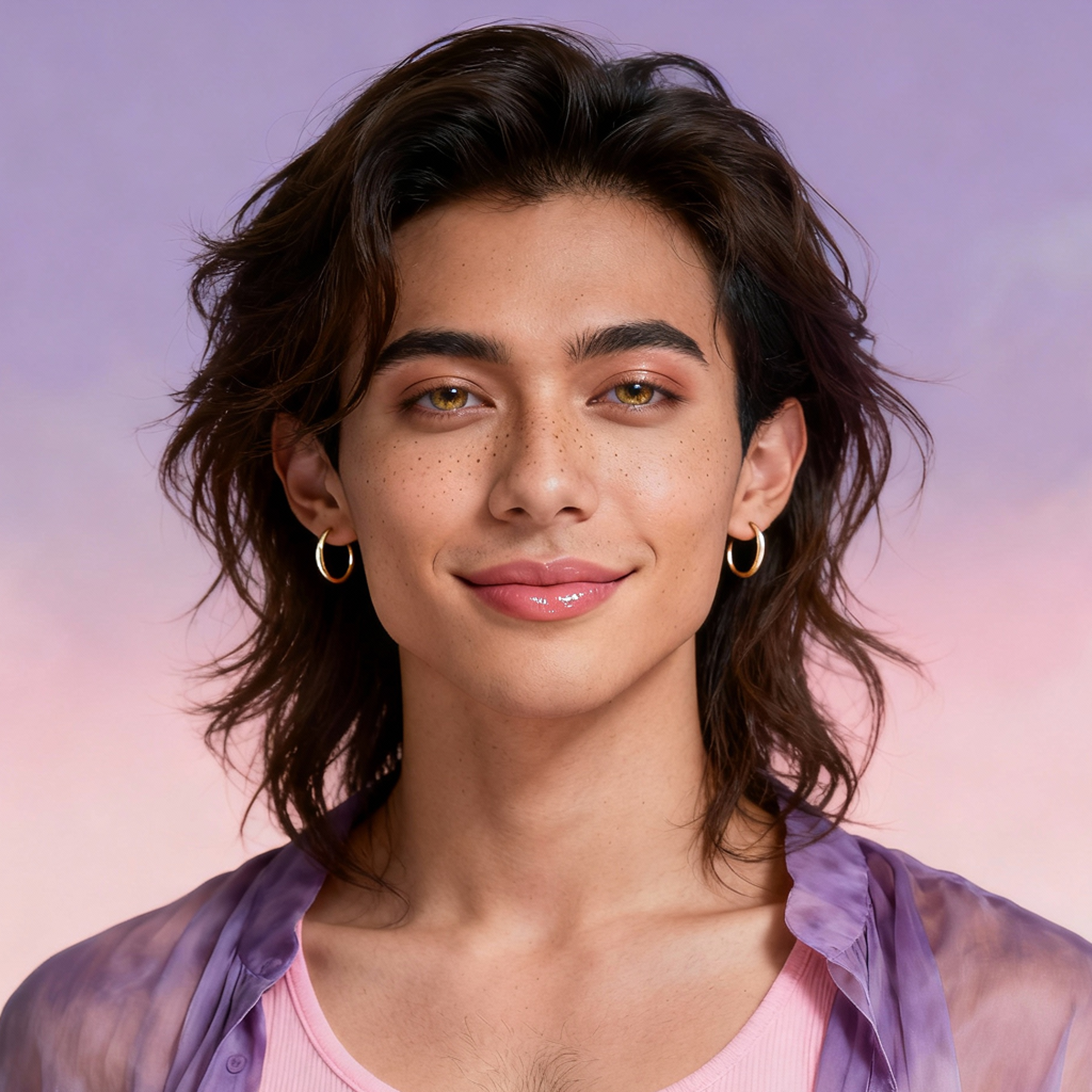 AI-generated portrait of a young woman with short wavy hair and freckles, wearing a lightweight top and earrings, posed with a calm expression against a lavender-pink gradient background in diffused light.