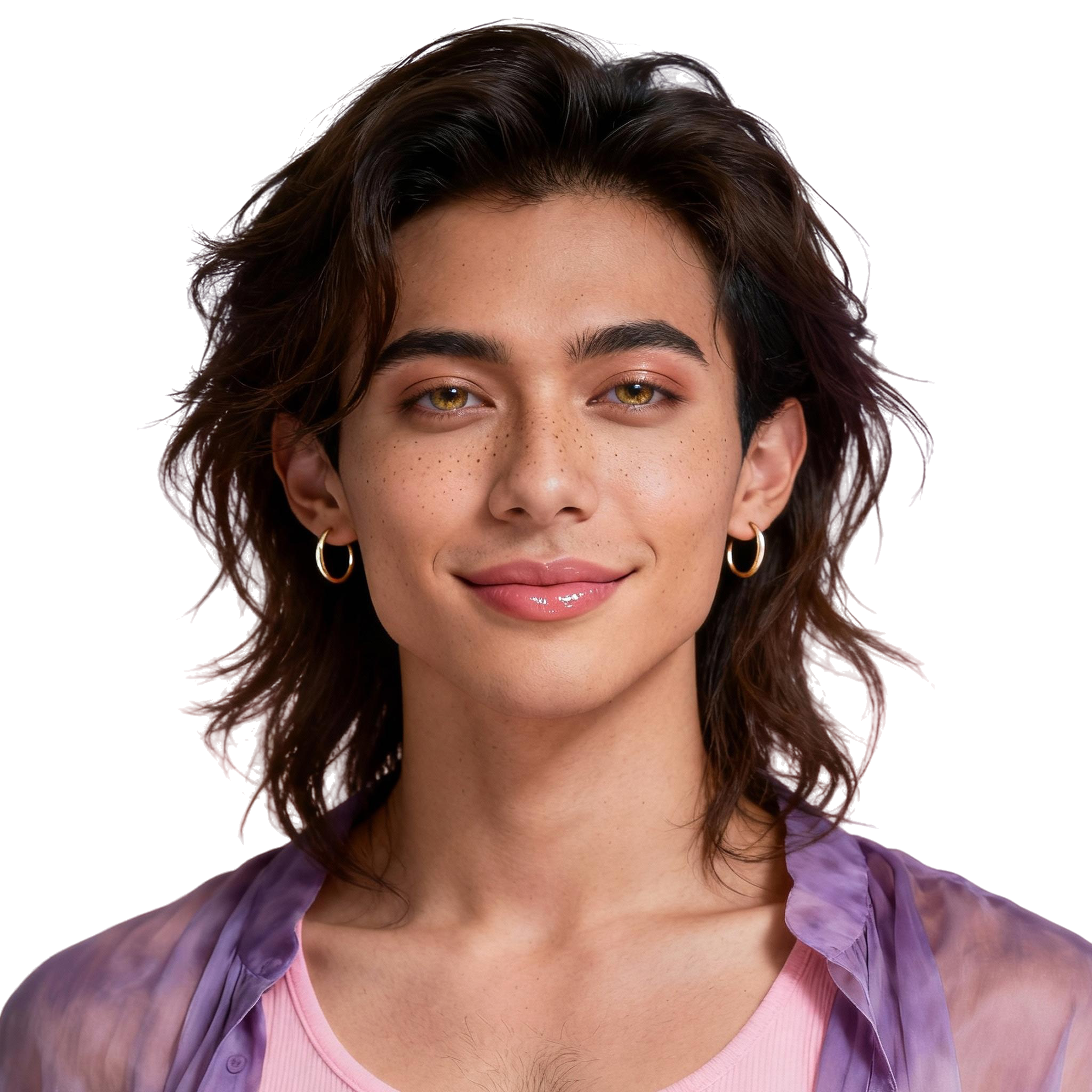 AI-generated portrait of a young woman with short wavy hair and freckles, wearing a lightweight top and earrings, posed with a calm expression against a transparent background in diffused light.